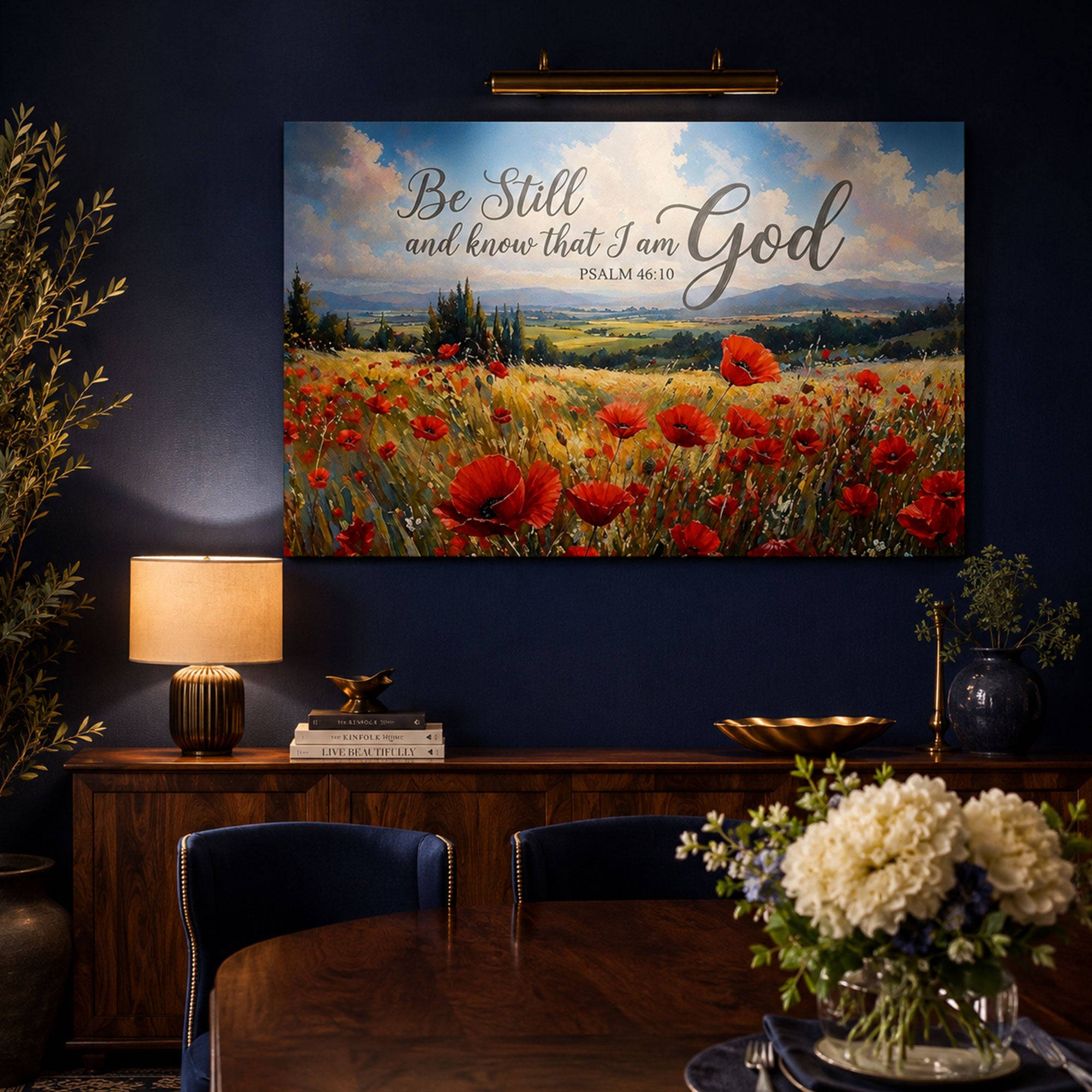 “Be Still and Know That I Am God” Psalm Canvas Print, Jesus in Poppy Field Wall Art, Christian Faith Decor