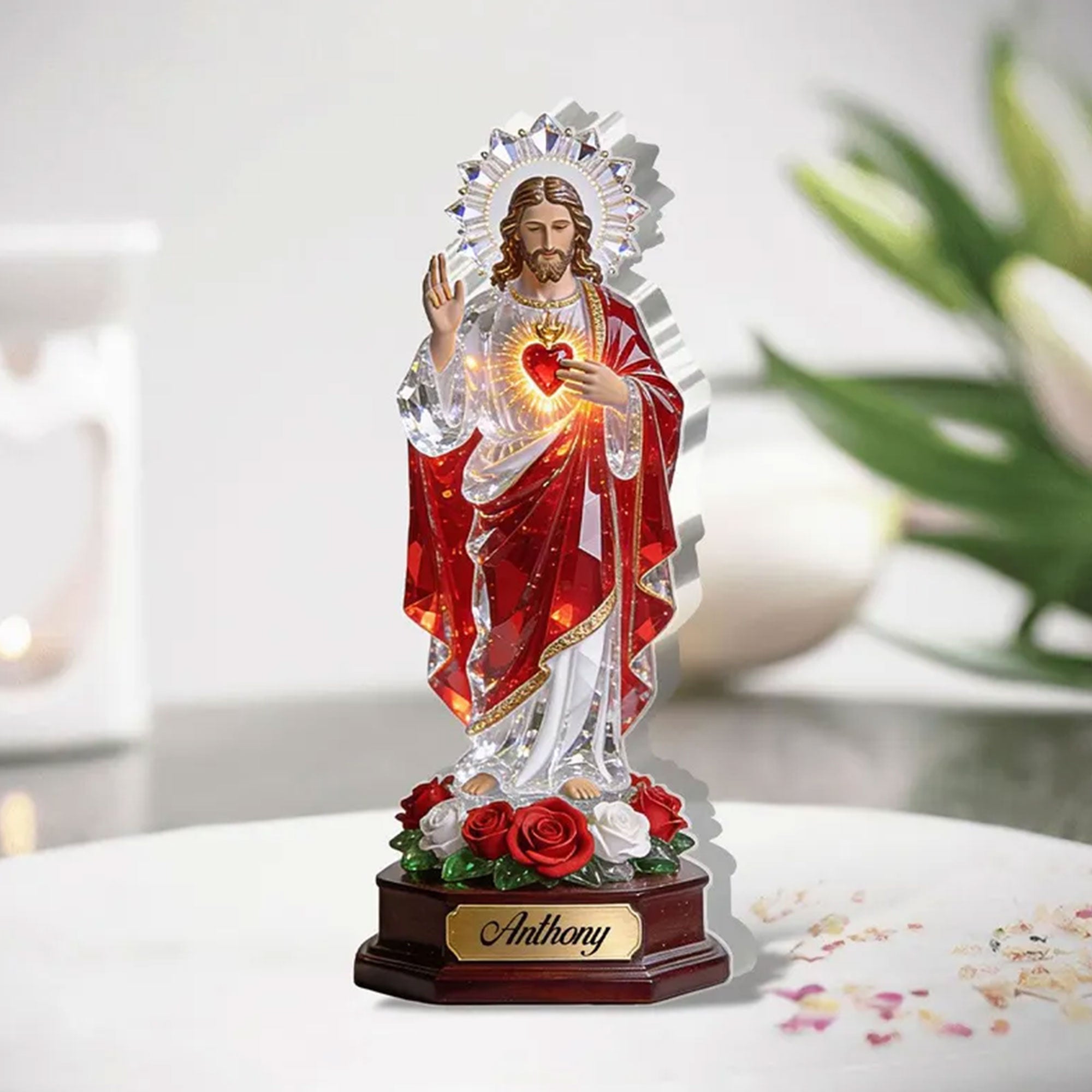 Sacred Heart of Jesus Custom Name Acrylic Plaque, Christian Gift, Single-Sided 2D Flat Religious Table Decor