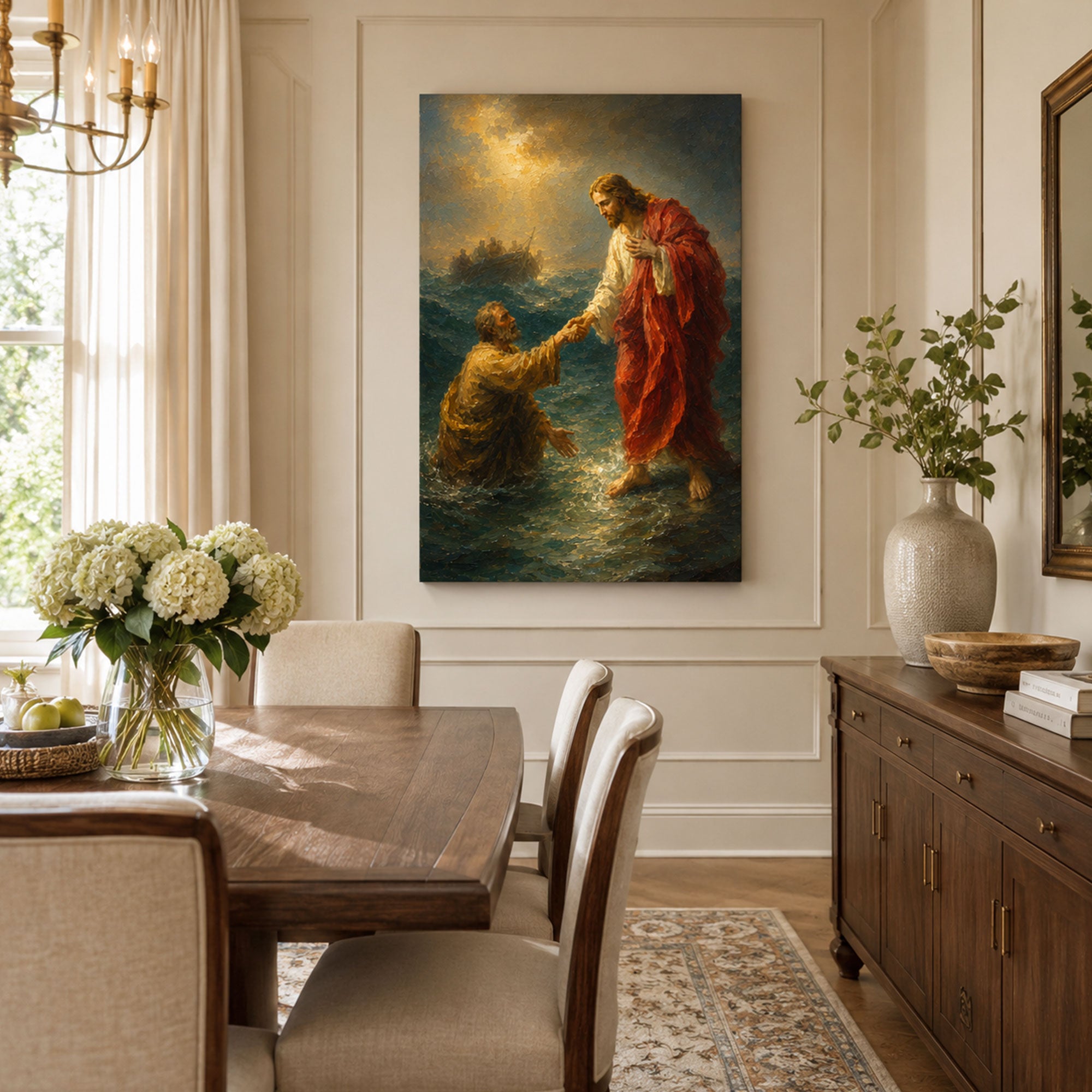 Jesus Saves Peter Canvas Print, Matthew 14:30-31 Walking on Water Christian Wall Decor, Faith Gift