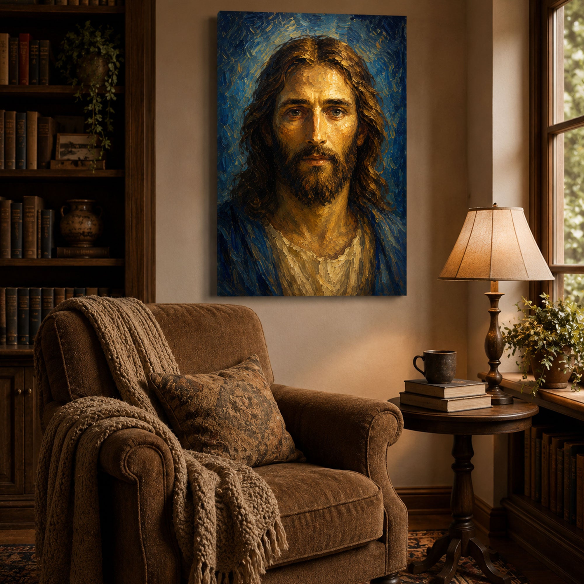 Jesus Christ Portrait Canvas Print, Blue Golden Christian Wall Art, Sacred Faith Home Decor