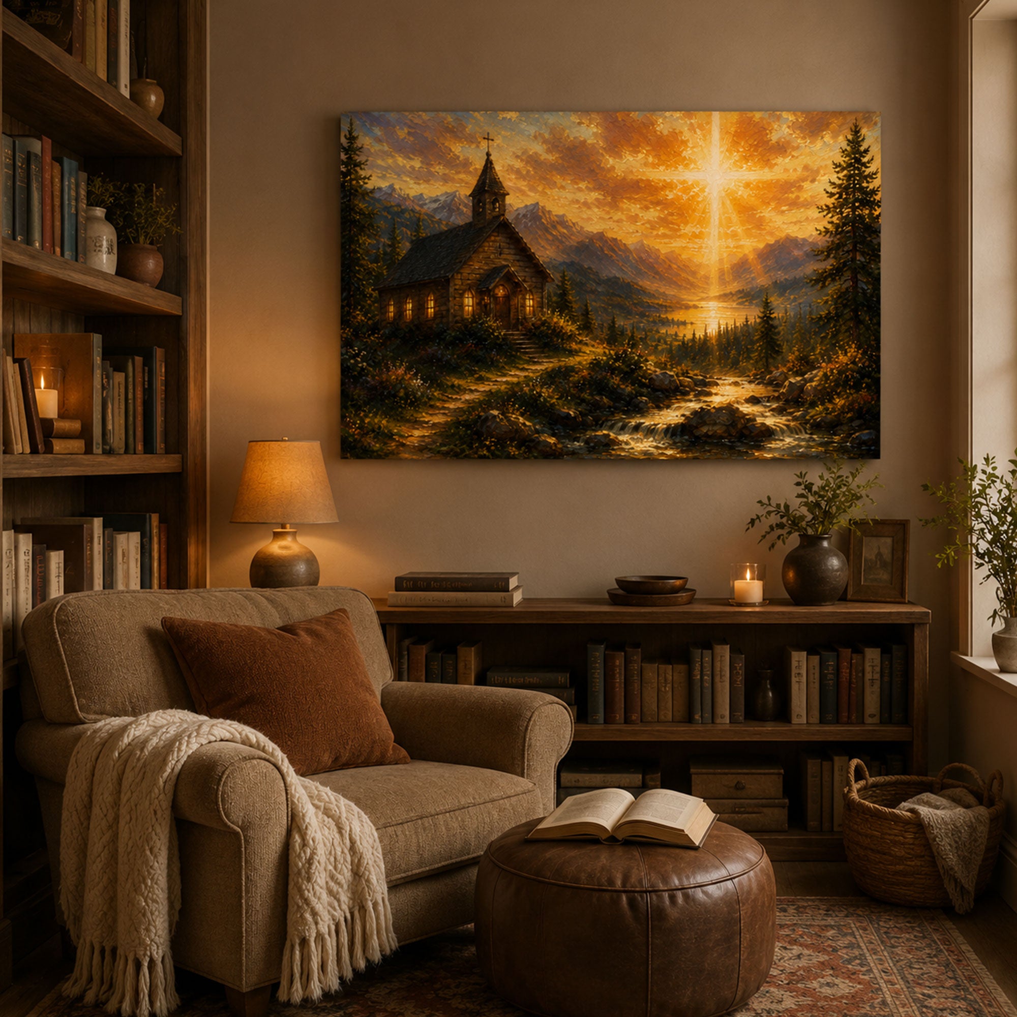 Mountain Church Canvas Print, Heavenly Cross Christian Wall Art, Faith Home Decor