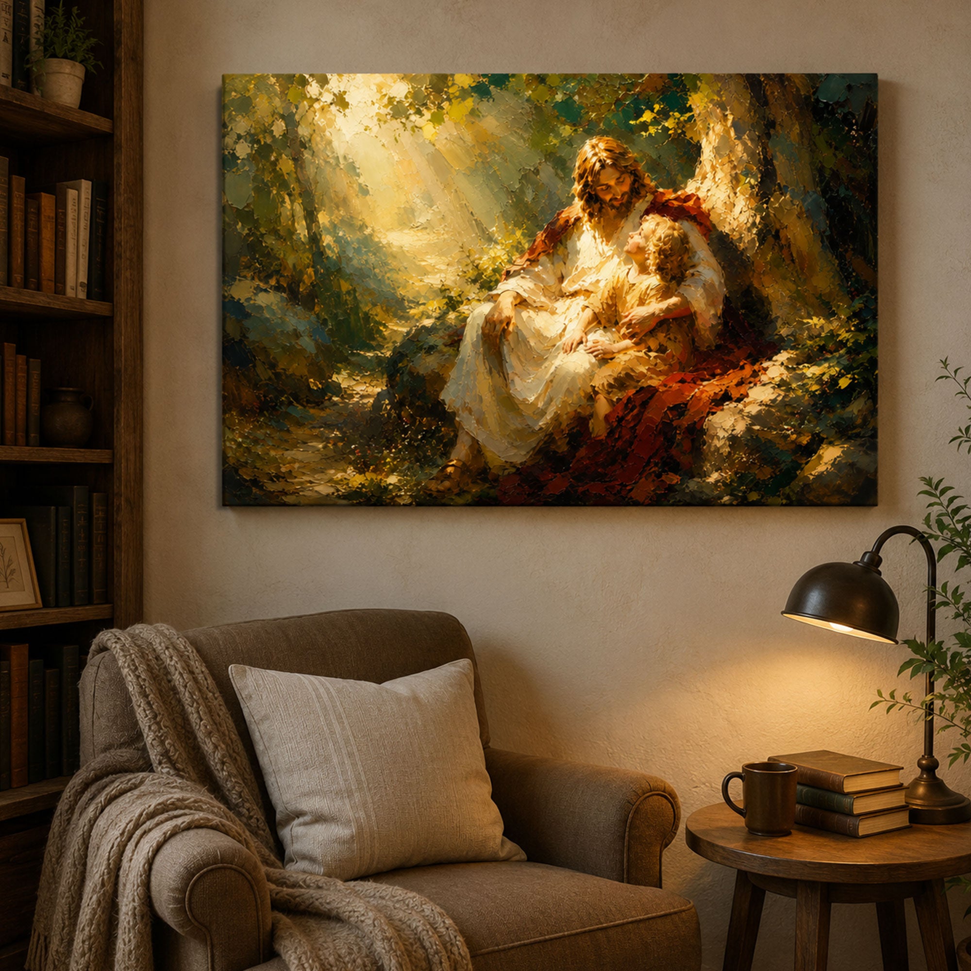 Jesus with Child Canvas Print, Peaceful Christian Wall Art, Family Faith Home Decor