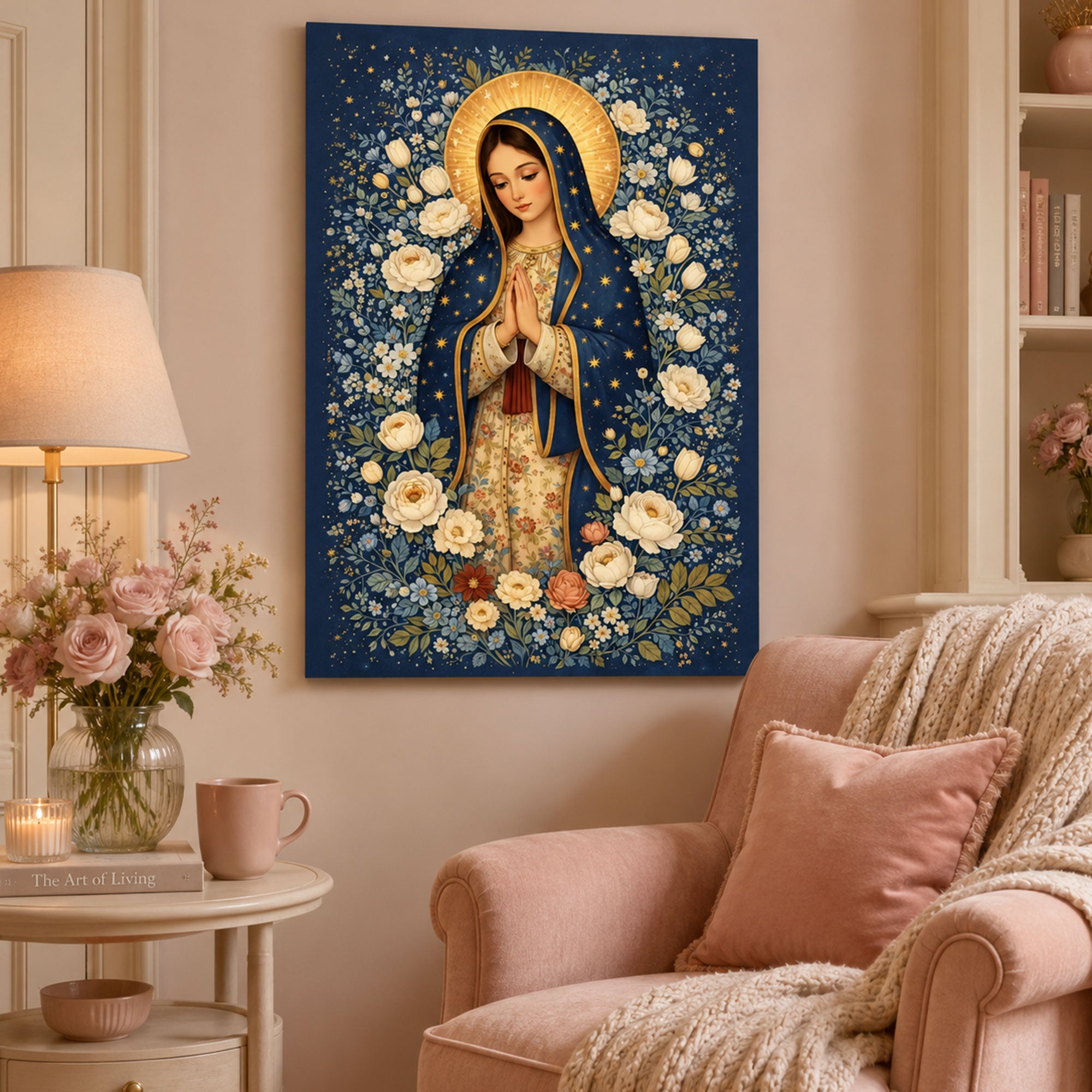 Floral Virgin Mary Canvas Print, Blessed Mother Christian Wall Art, Blue Catholic Faith Decor, Heavenly Floral Artwork