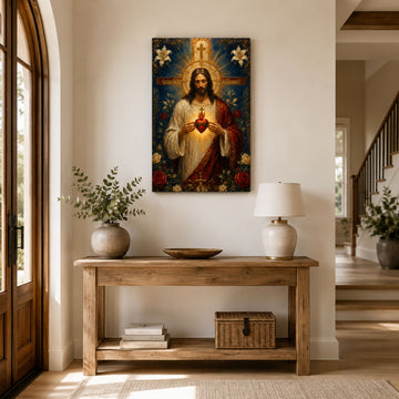Sacred Heart of Jesus with Cross Canvas Print, Catholic Wall Decor, Christian Faith Gift