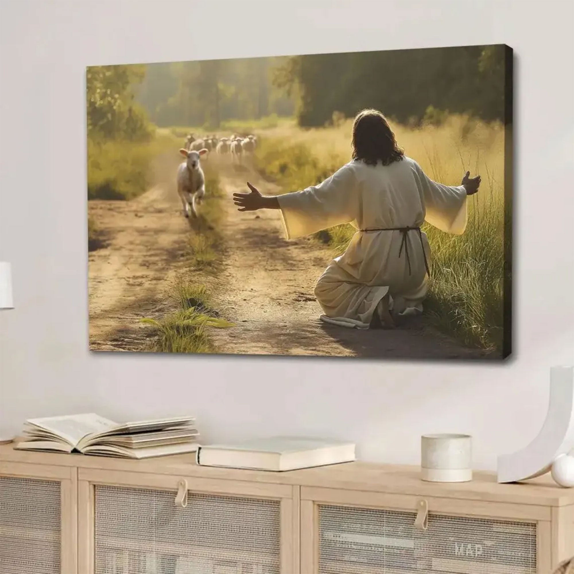 Lamb Runs to Jesus Canvas, Inspirational Christian Wall Art, Jesus and Lamb Religious Decor
