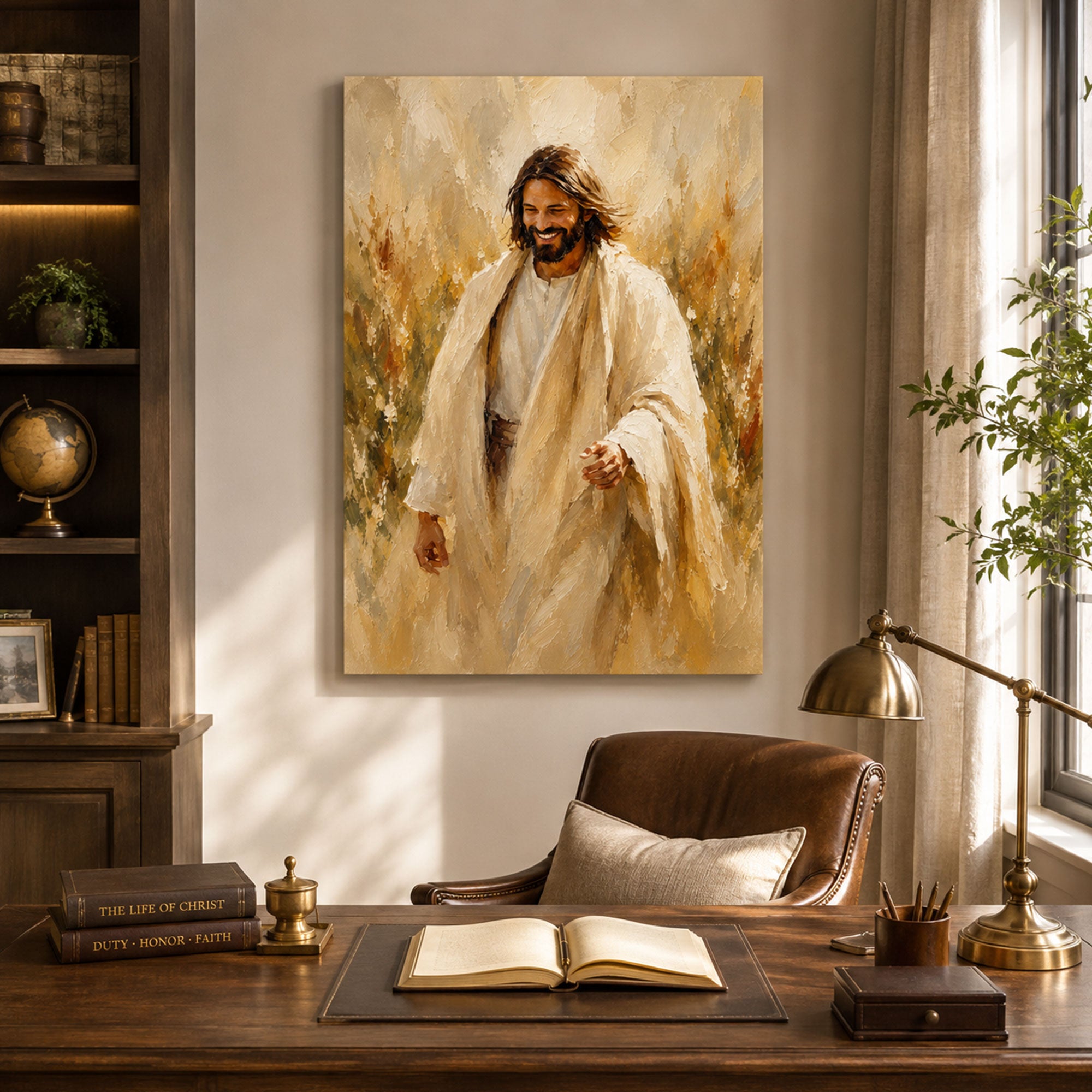 Smiling Jesus Canvas Print, Peaceful Christian Wall Art, Warm Faith Home Decor