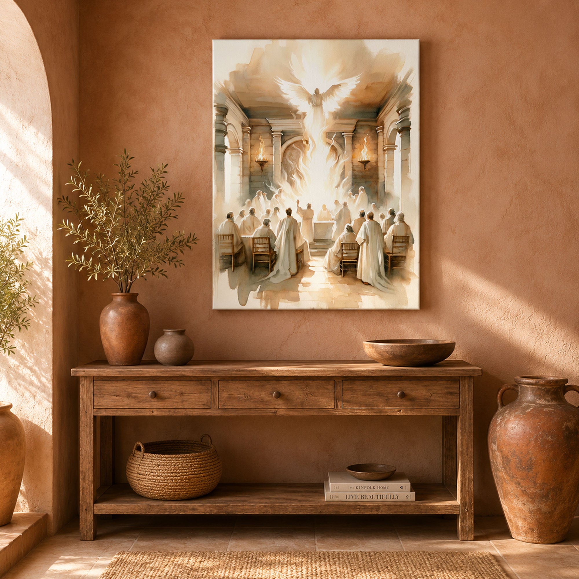 Pentecost Holy Spirit Canvas Print, Dove of Fire Christian Wall Art, Sacred Church Gathering Faith Decor
