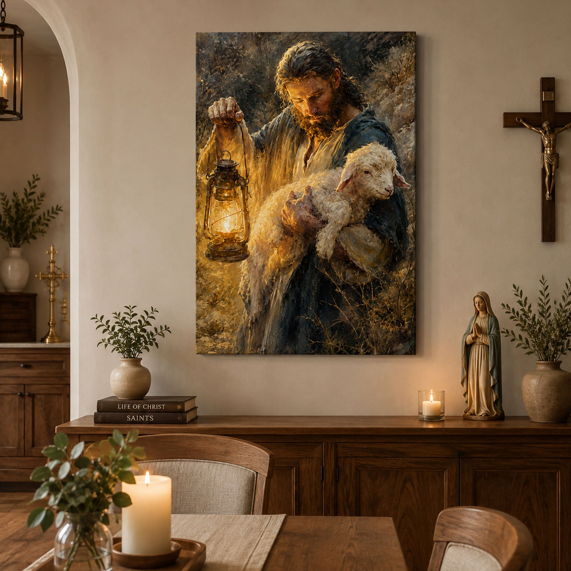 Jesus Searching for the Lost Lamb with Lantern Canvas Print, Christian Home Decor