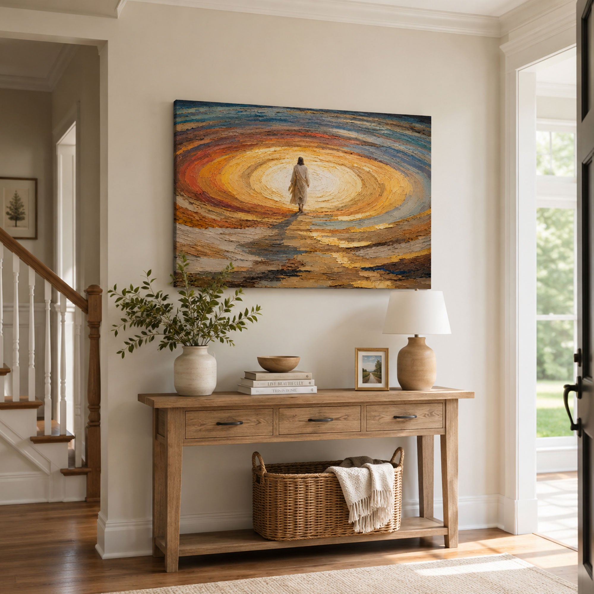 Jesus Walking Into the Light Canvas Print, Abstract Christian Wall Art, Colorful Faith Home Decor Gift