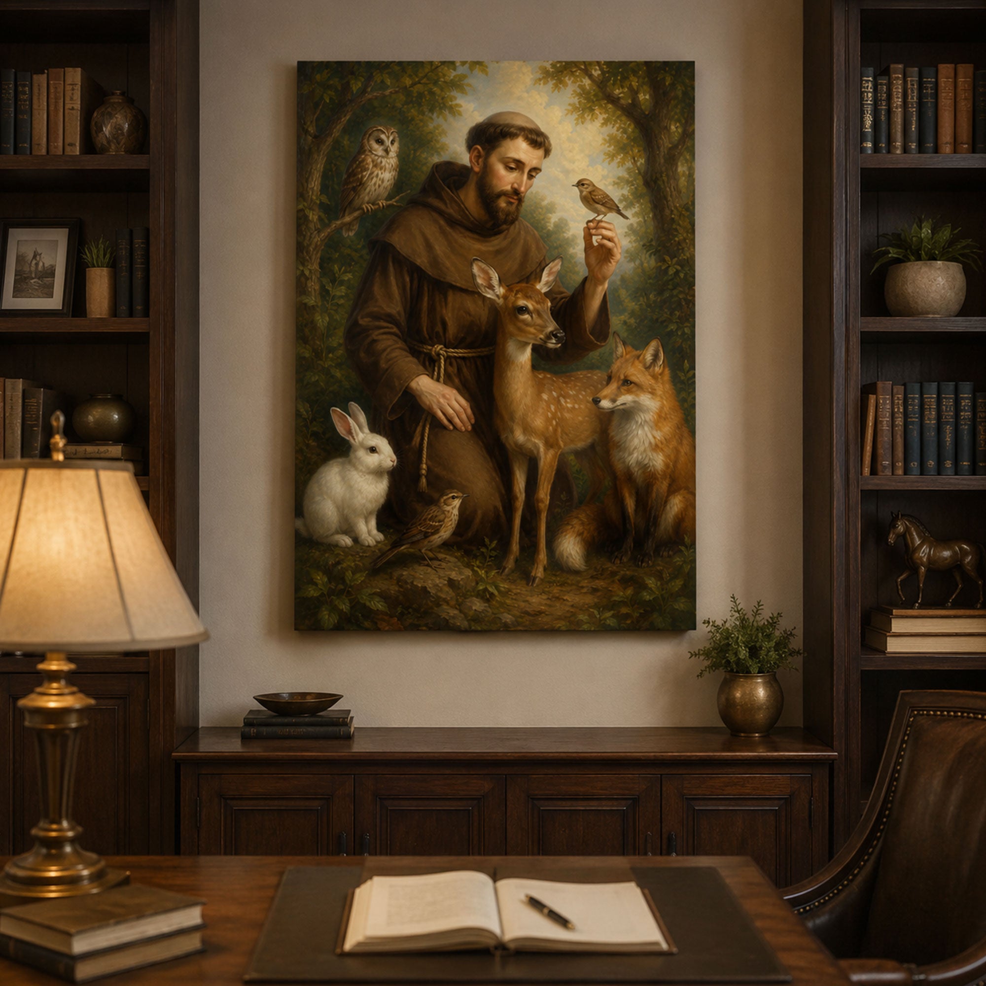 Saint Francis of Assisi Canvas Print, Catholic Saint Wall Art with Animals, Christian Home Decor Gift