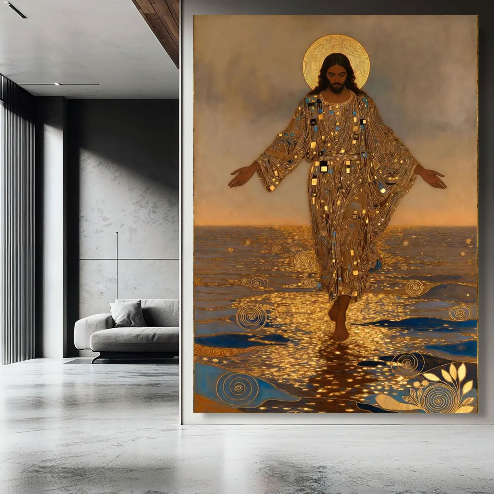 Gustav Klimt Style Jesus Walking on Water Canvas Print, Golden Halo Christian Wall Art, Religious Spiritual Decor