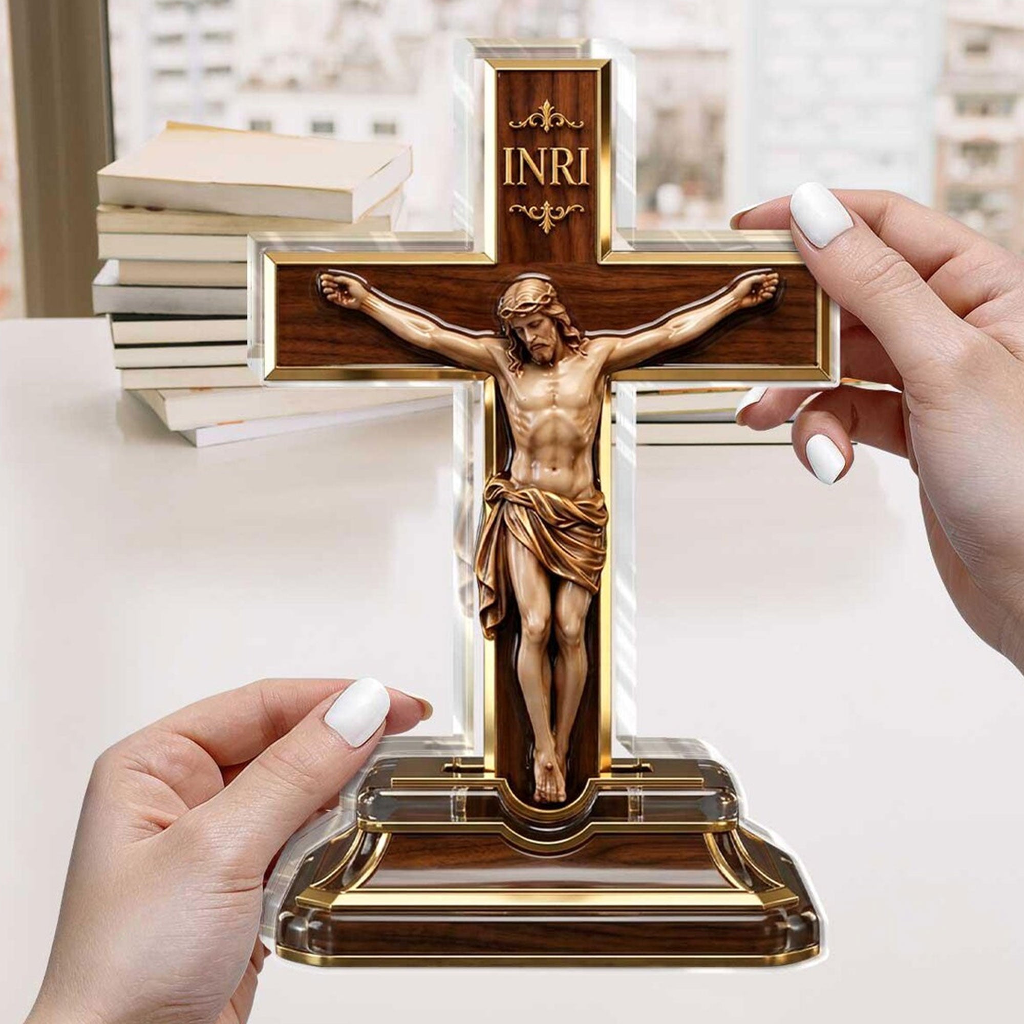 Jesus on the Cross Acrylic Plaque, Personalized Baptism Keepsake, Catholic Christian Gift, Single-Sided 2D Religious Table Decor
