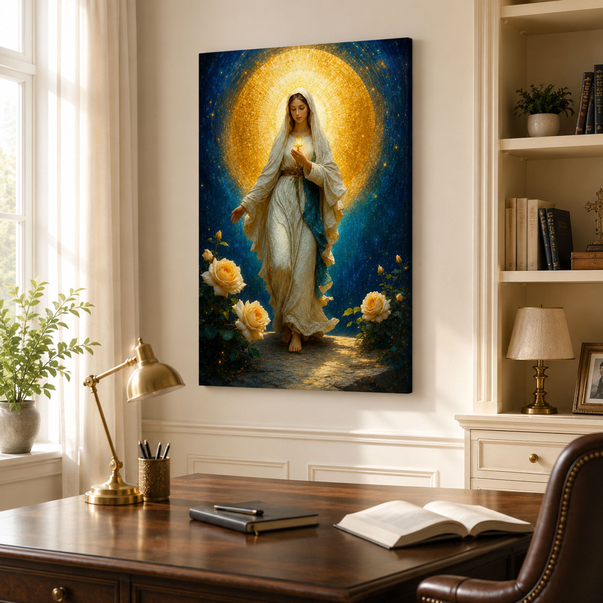 Blessed Virgin Mary Canvas Print, Blue and Gold Catholic Wall Art, Marian Faith Home Decor Gift