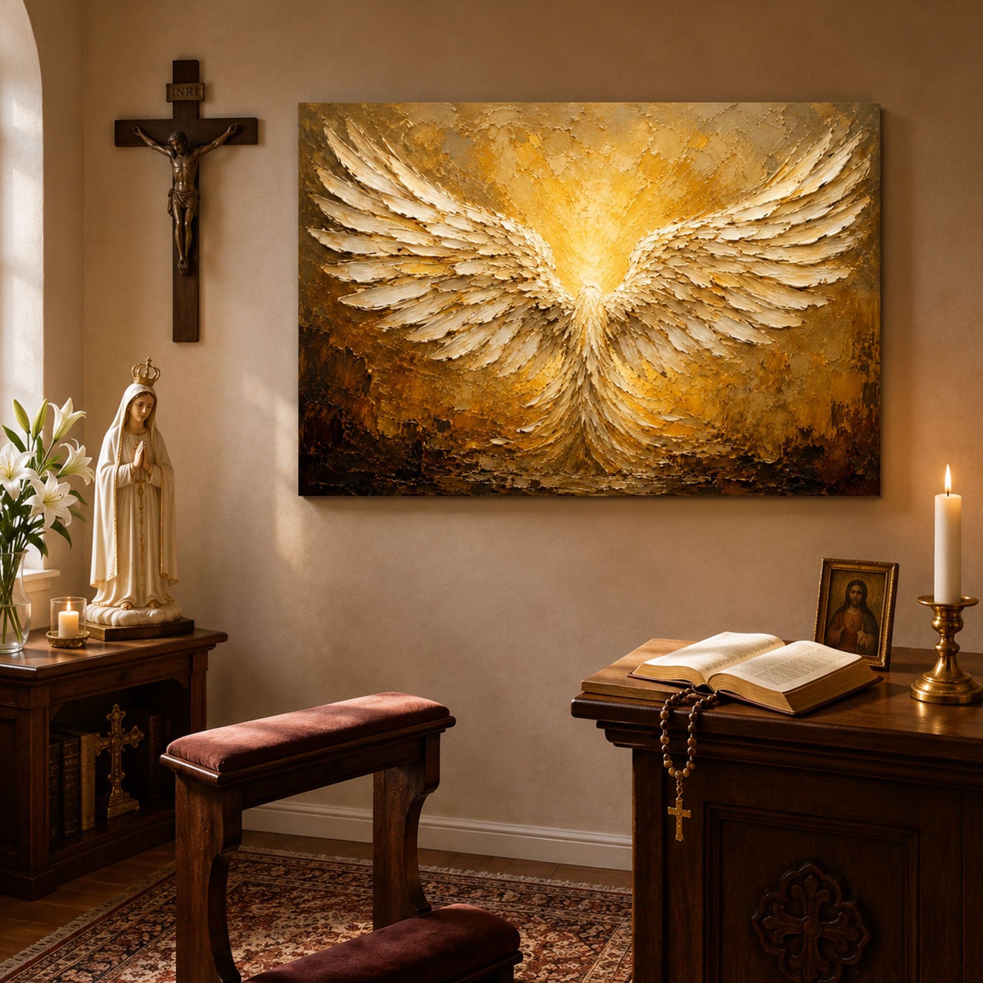 Golden Angel Wings Canvas Print, Catholic Christian Wall Art, Faith Home Decor