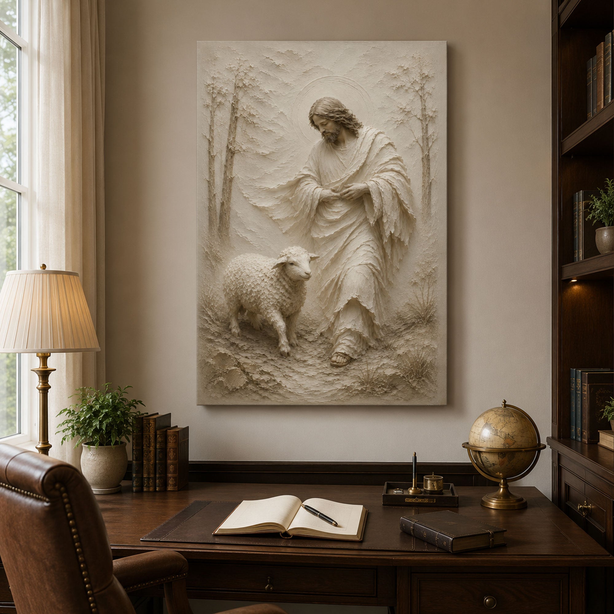 Good Shepherd Jesus with Lamb Canvas Print, White Bas Relief Christian Wall Art, Peaceful Faith Home Decor