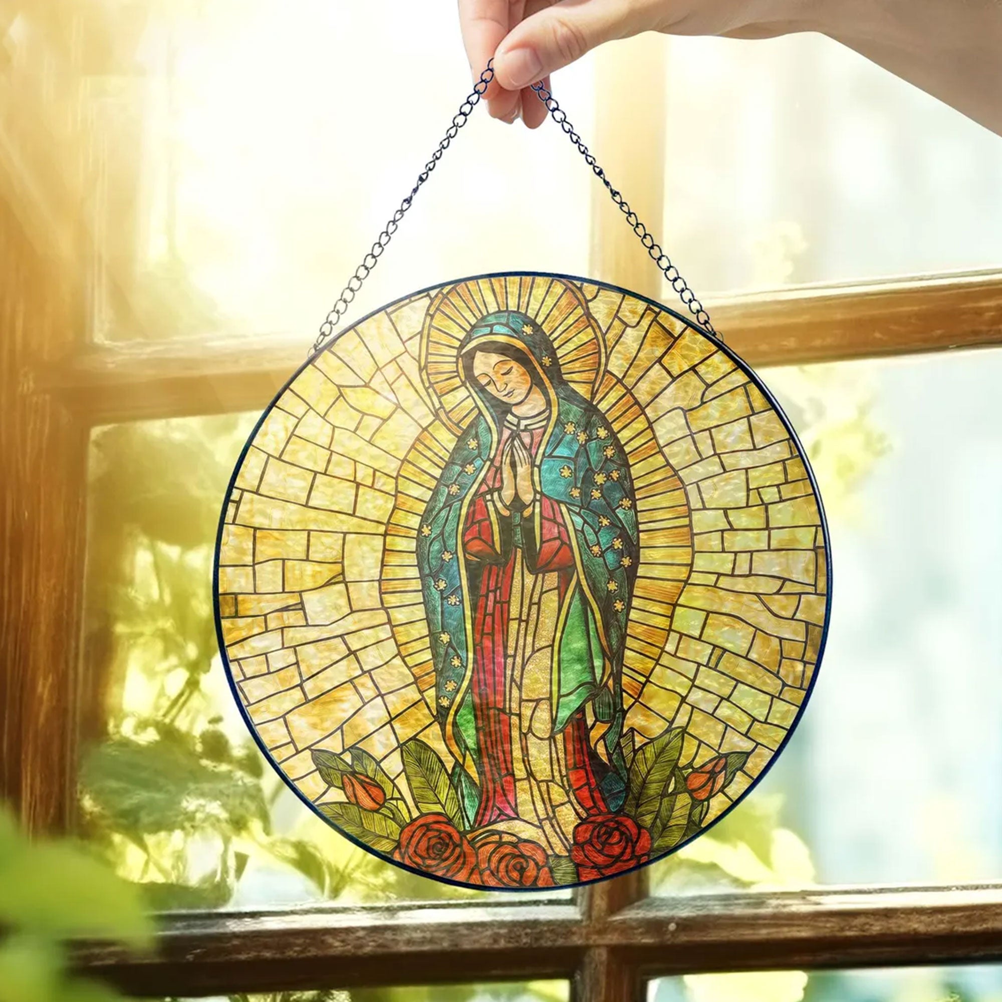 Our Lady of Guadalupe Stained Glass Suncatcher, Virgin Mary Catholic Window Hanging, Blessed Mother Religious Gift