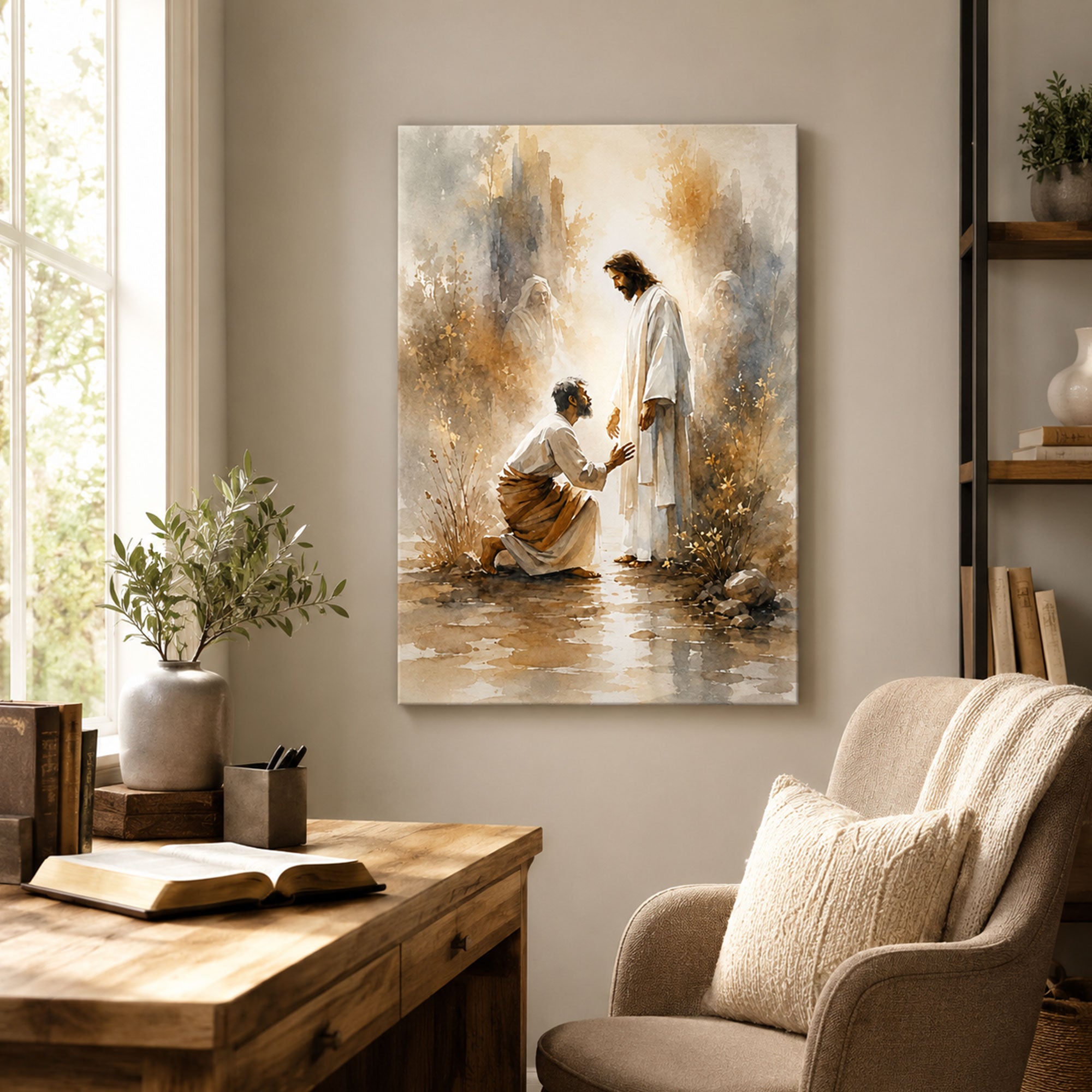 Jesus Healing the Kneeling Man Canvas Print, Christian Mercy Wall Art, Faith Home Decor Gift