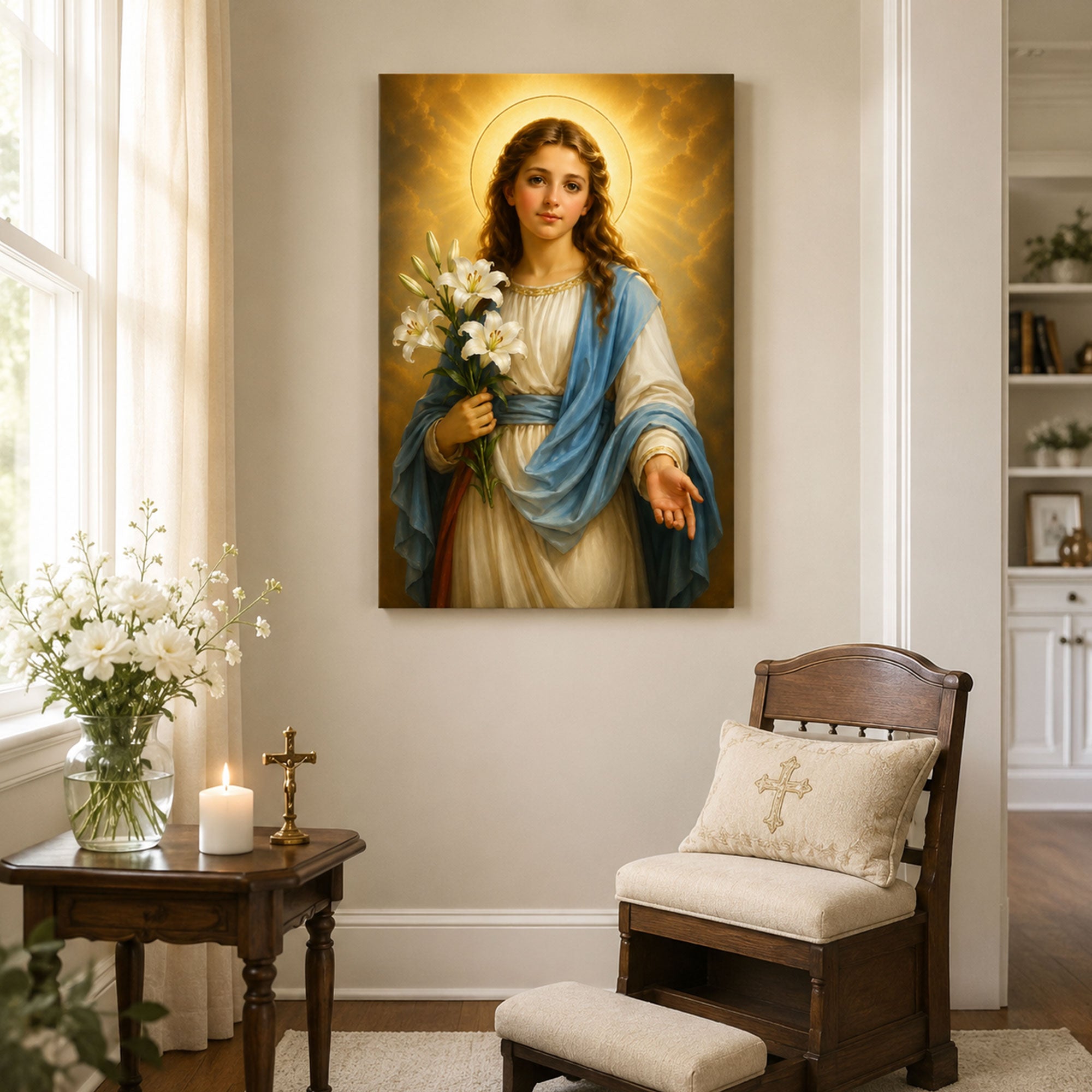 Saint Maria Goretti Canvas Print, Catholic Young Saint Wall Art, Lily Flower Faith Home Decor Gift