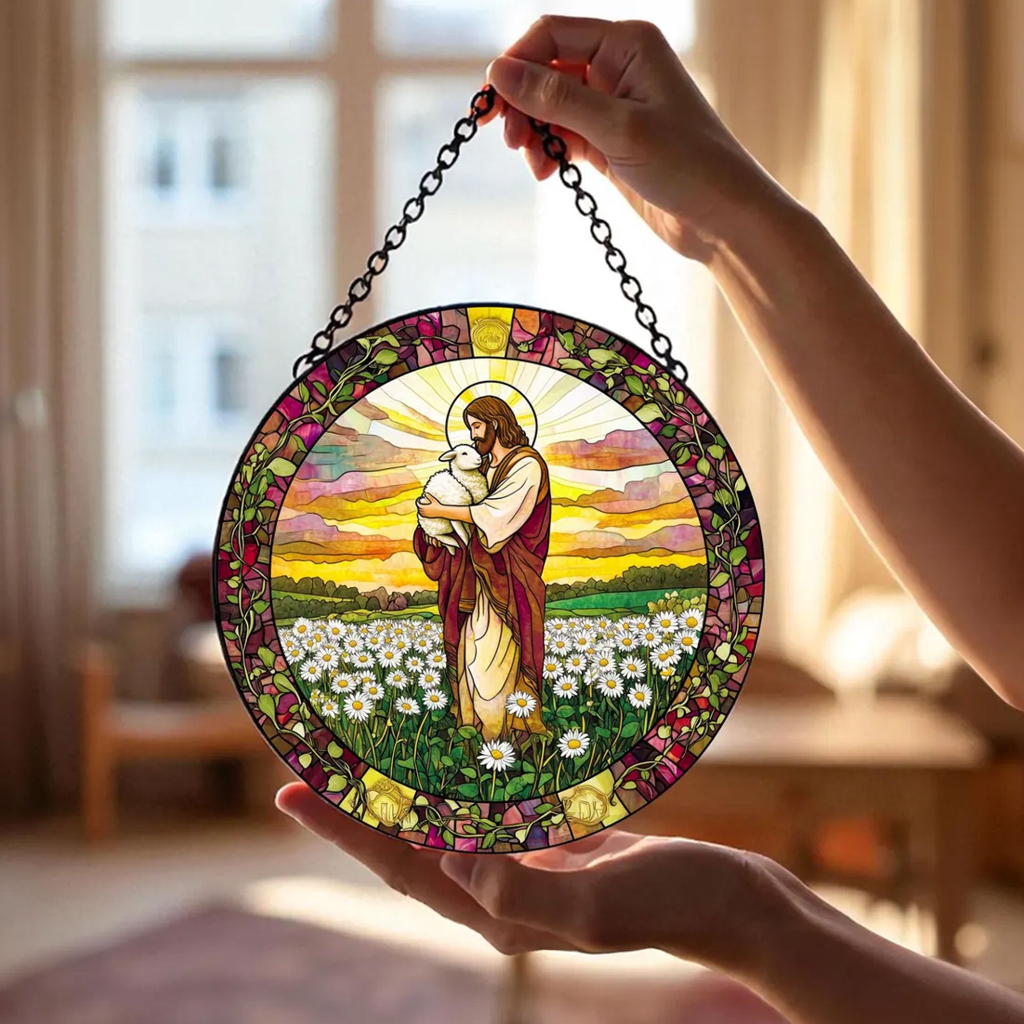 Stained Glass Jesus Holding Lamb Suncatcher, Golden Field Window Hanging, Christian Decor Gift