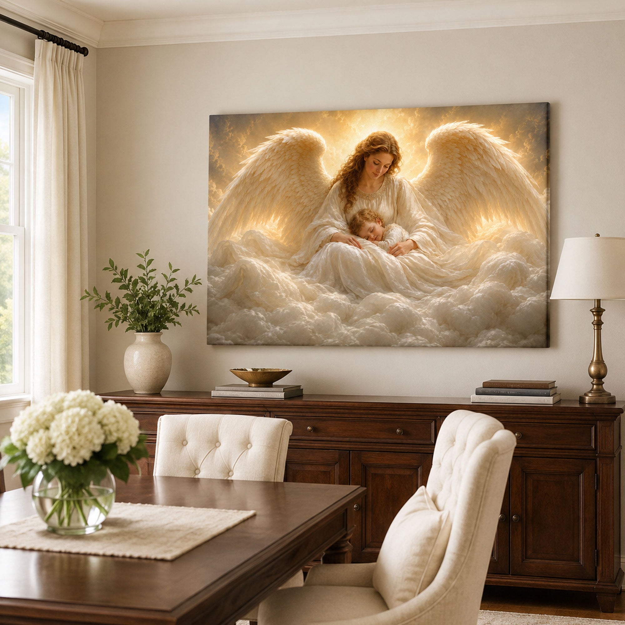 Guardian Angel with Sleeping Child Canvas Print, Heavenly Christian Nursery Wall Art, Baptism Gift