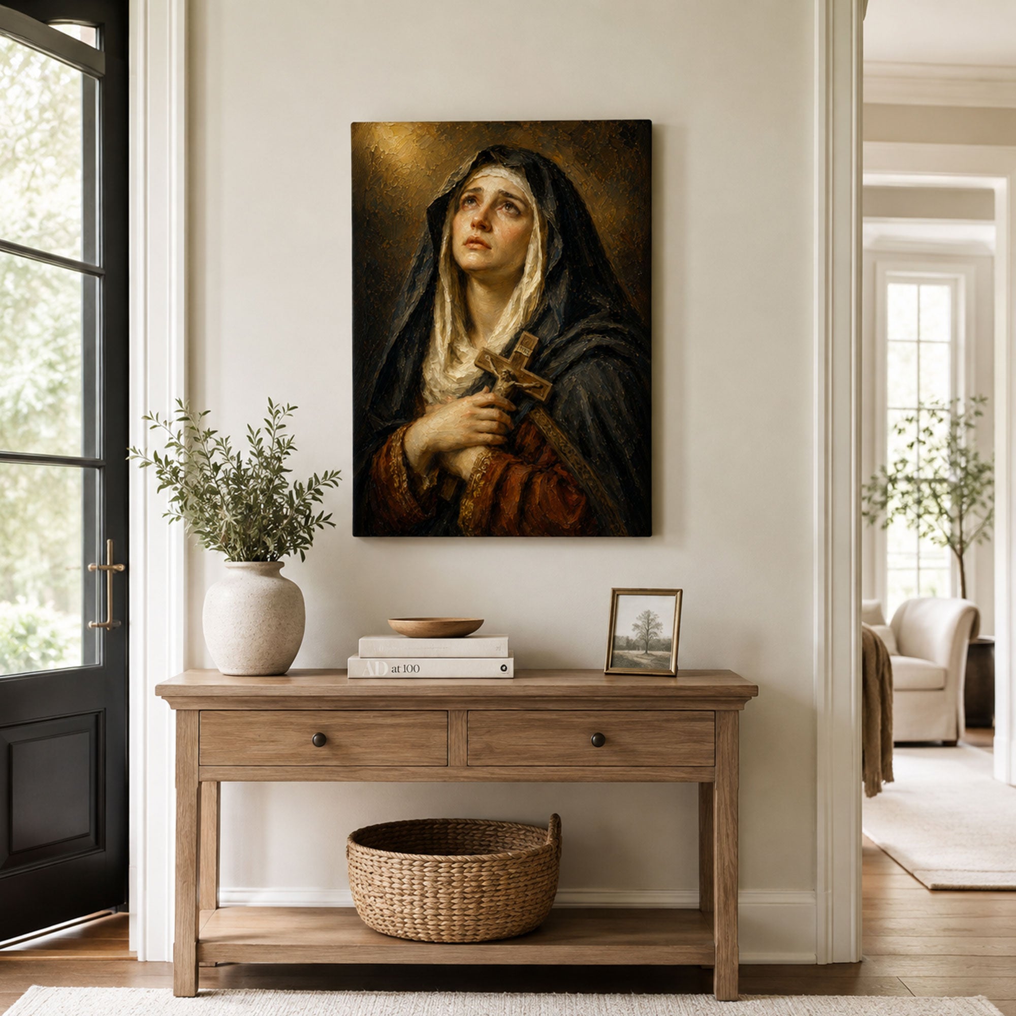 Our Lady of Sorrows Canvas Print, Virgin Mary Holding Crucifix Catholic Wall Decor, Marian Faith Gift