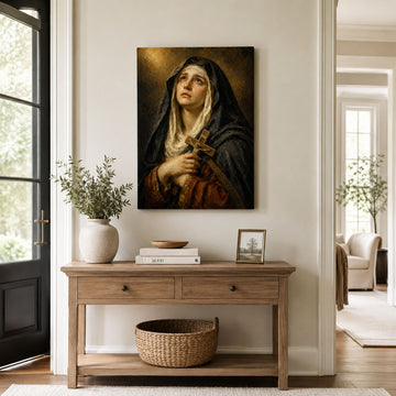 Our Lady of Sorrows Canvas Print, Virgin Mary Holding Crucifix Catholic Wall Decor, Marian Faith Gift