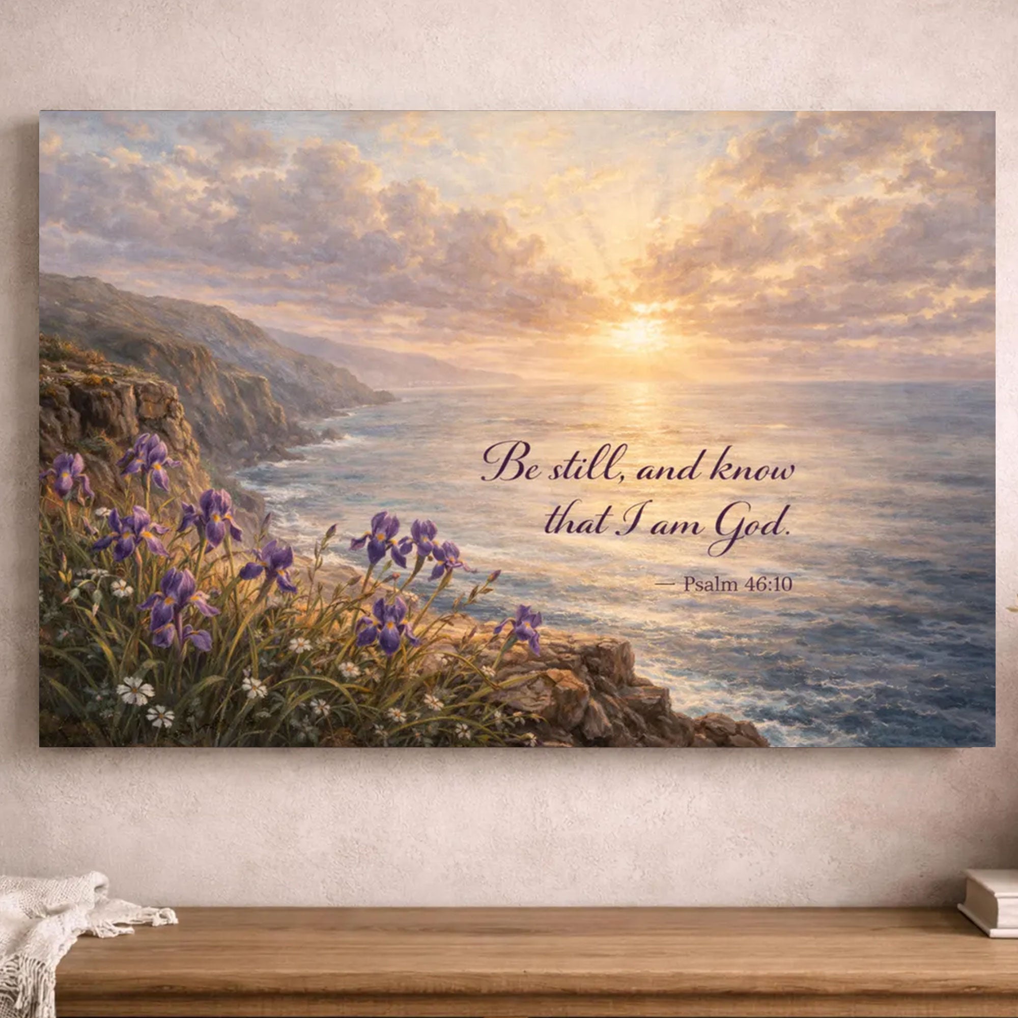 Psalm 46:10 Be Still and Know Canvas Print, Christian Ocean Cliff Wall Art, Coastal Landscape Bible Verse Decor Gift