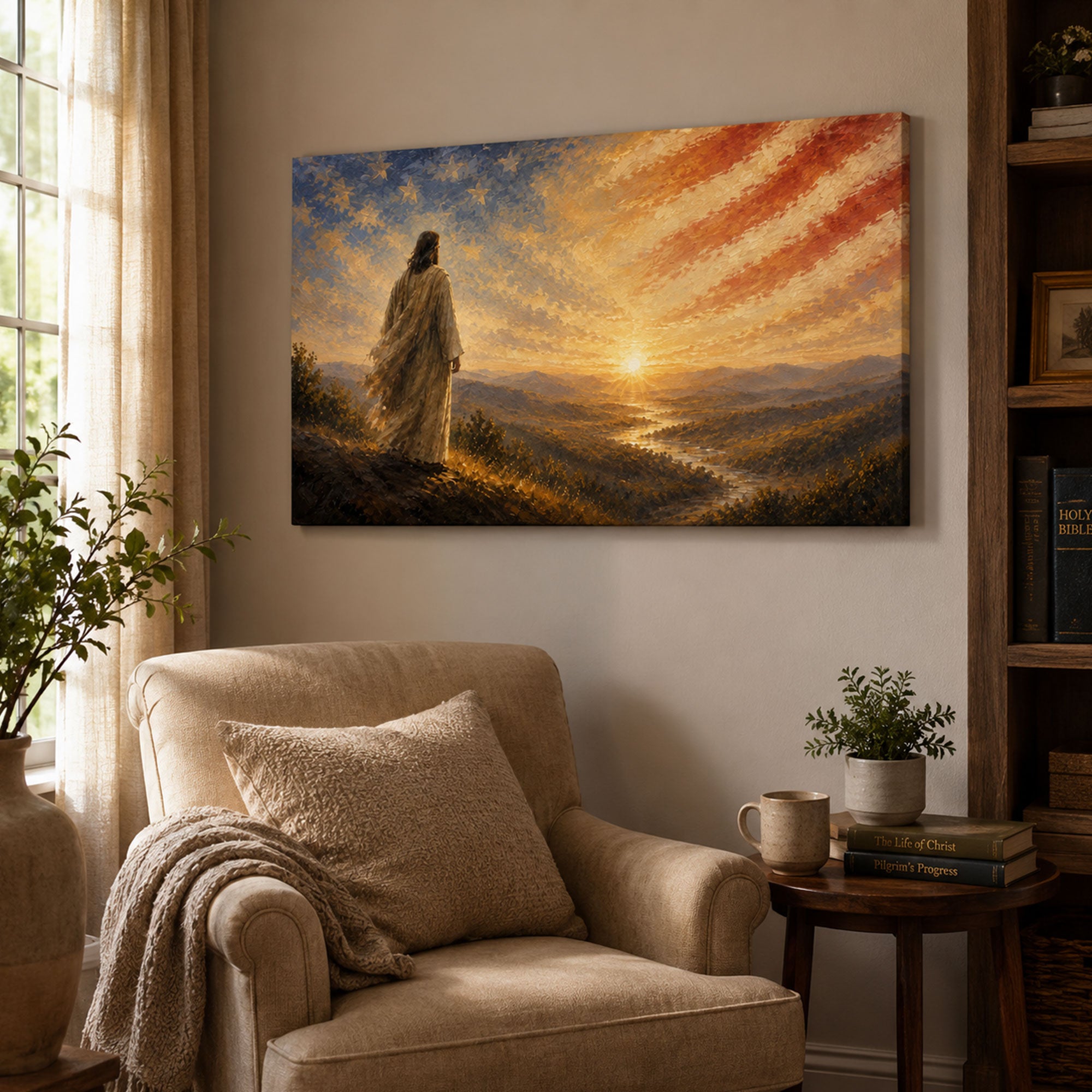 Jesus Over America Canvas Print, Patriotic Christian Wall Art, Faith and Freedom Home Decor