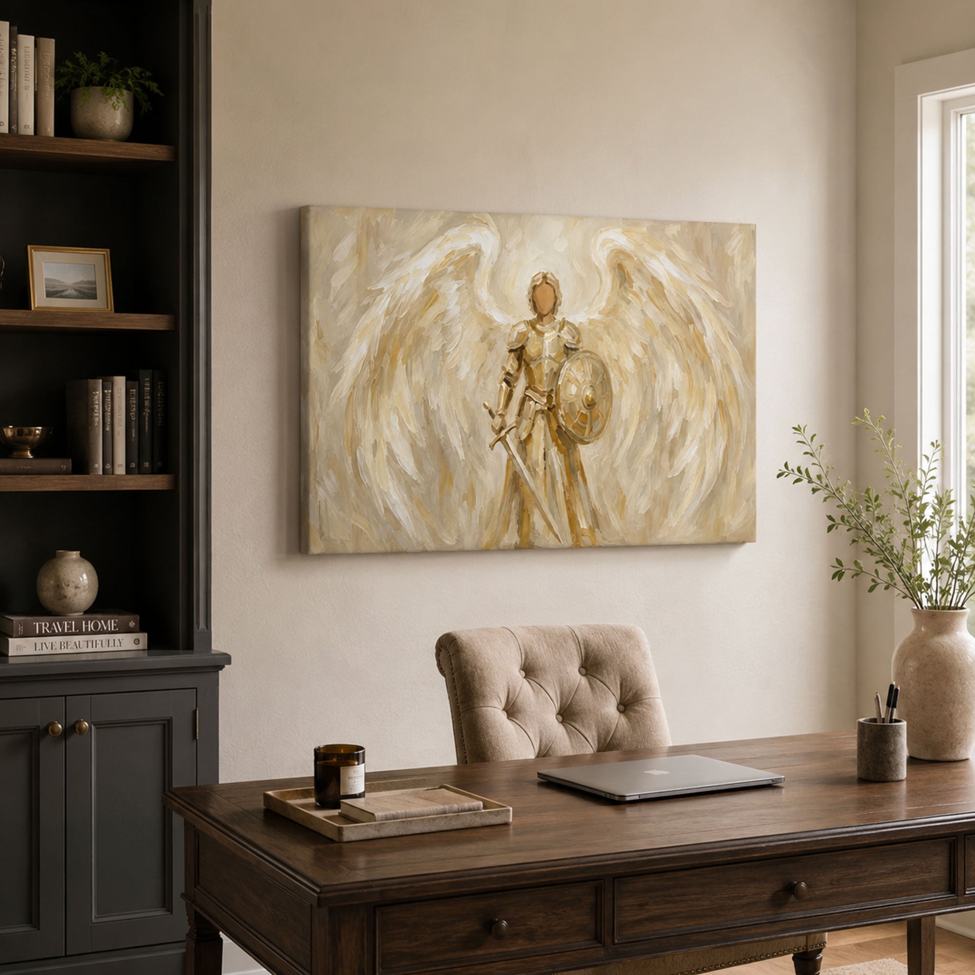 Saint Michael Angel Warrior Canvas Print, White and Gold Catholic Wall Decor