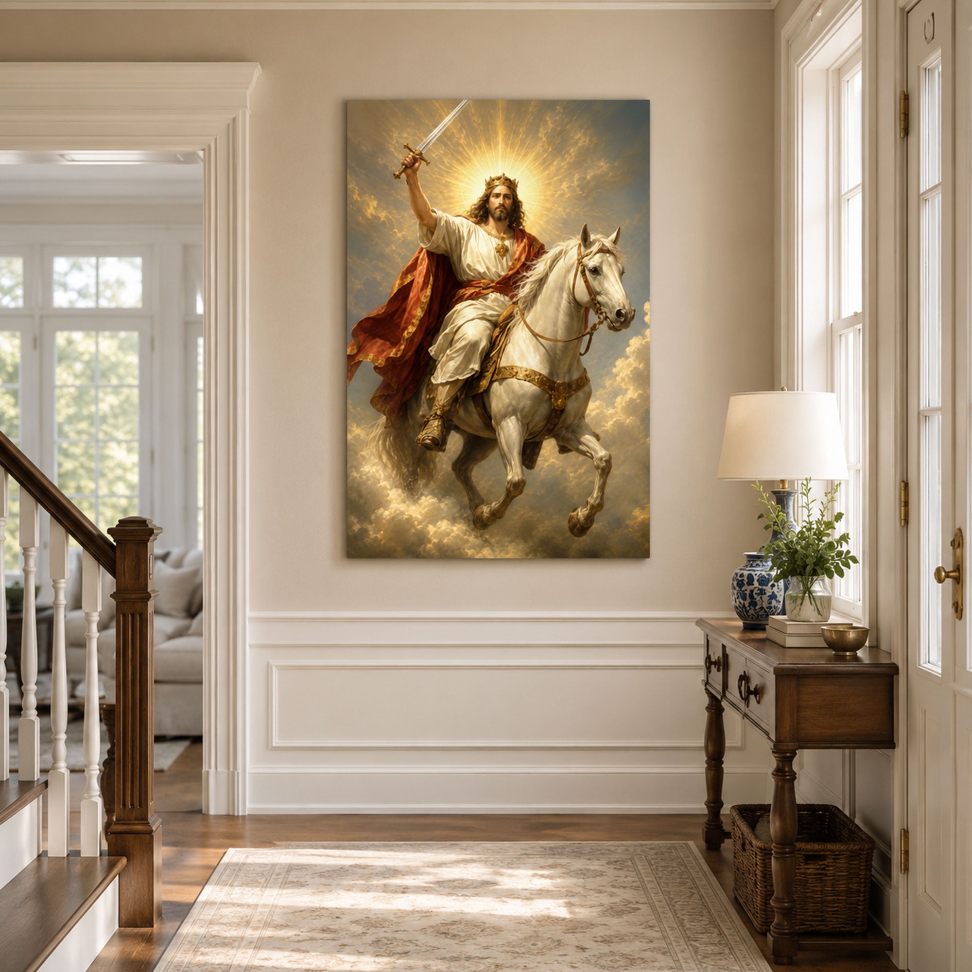 Christ the King on White Horse Canvas Print, Second Coming Jesus Wall Art, Christian Faith Home Decor Gift