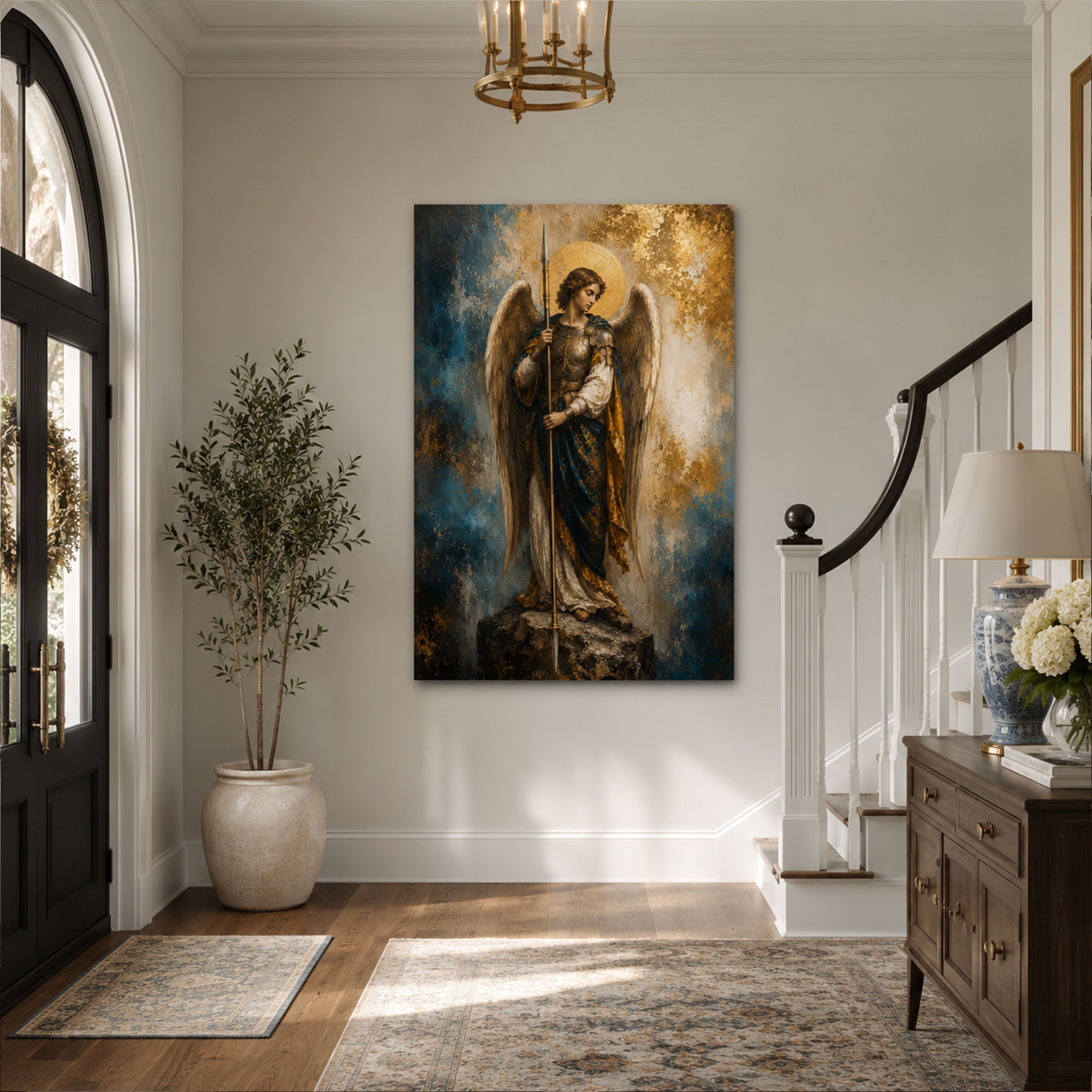 Saint Raphael Archangel Canvas Print, Catholic Healing Angel Wall Art, Blue and Gold Faith Home Decor Gift