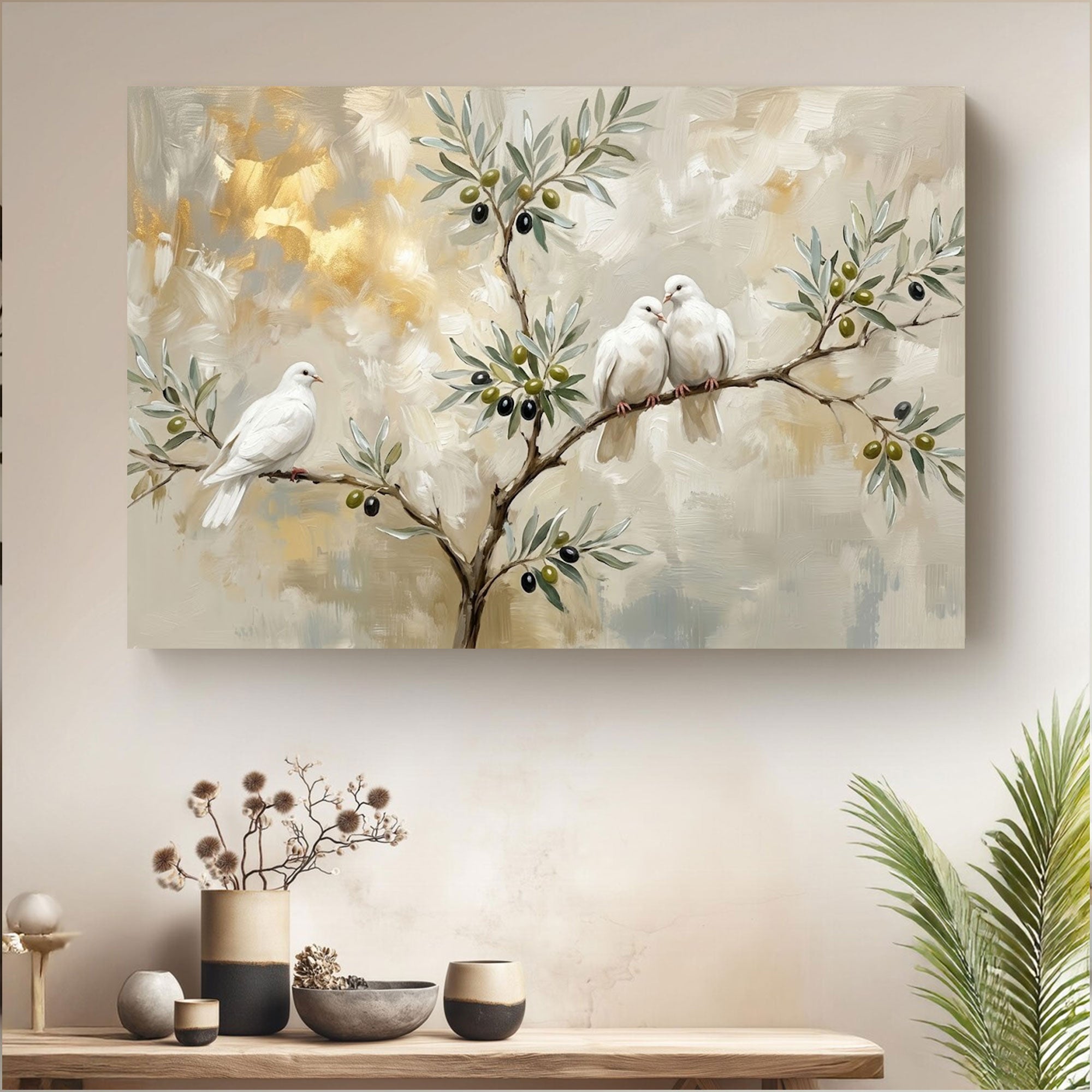 Olive Branch Dove Canvas Print, Symbol of Peace Wall Art, Neutral Bird Painting, Calm Minimalist Home Decor
