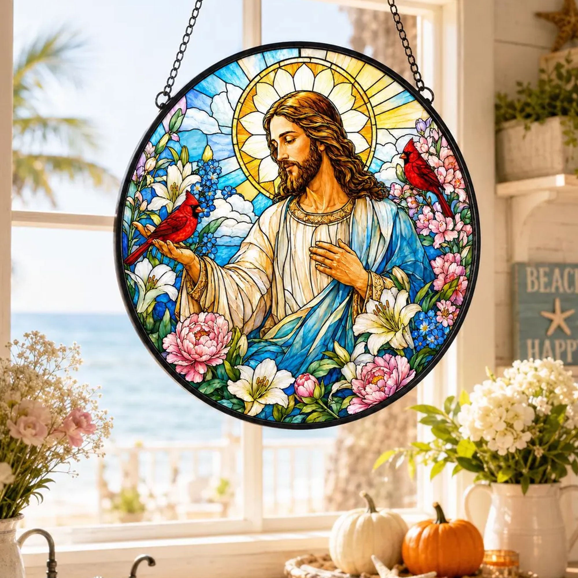 Jesus with Cardinals and Flowers Suncatcher, Christian Window Hanging, Faith Inspired Gift