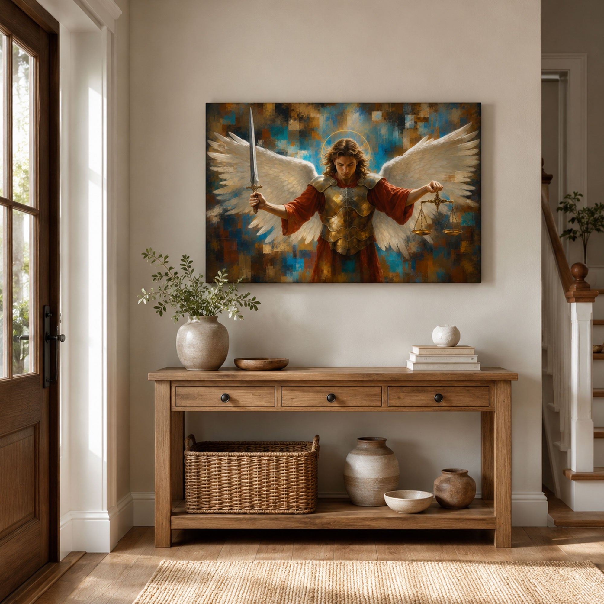 Archangel Michael Canvas Print, Angel with Sword and Scales Catholic Wall Art, Faith Home Decor Gift