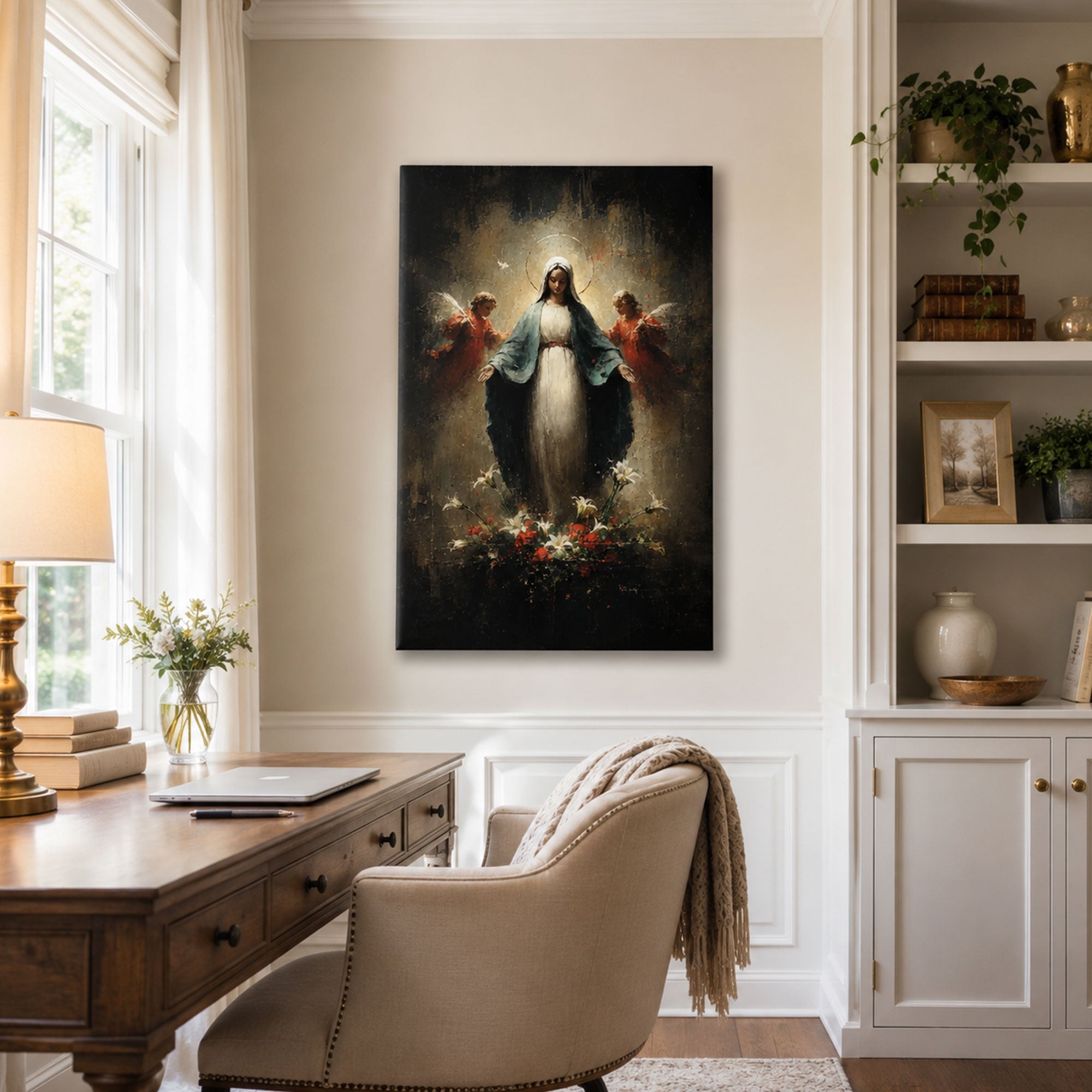 Virgin Mary with Angels Canvas Print, Catholic Home Decor