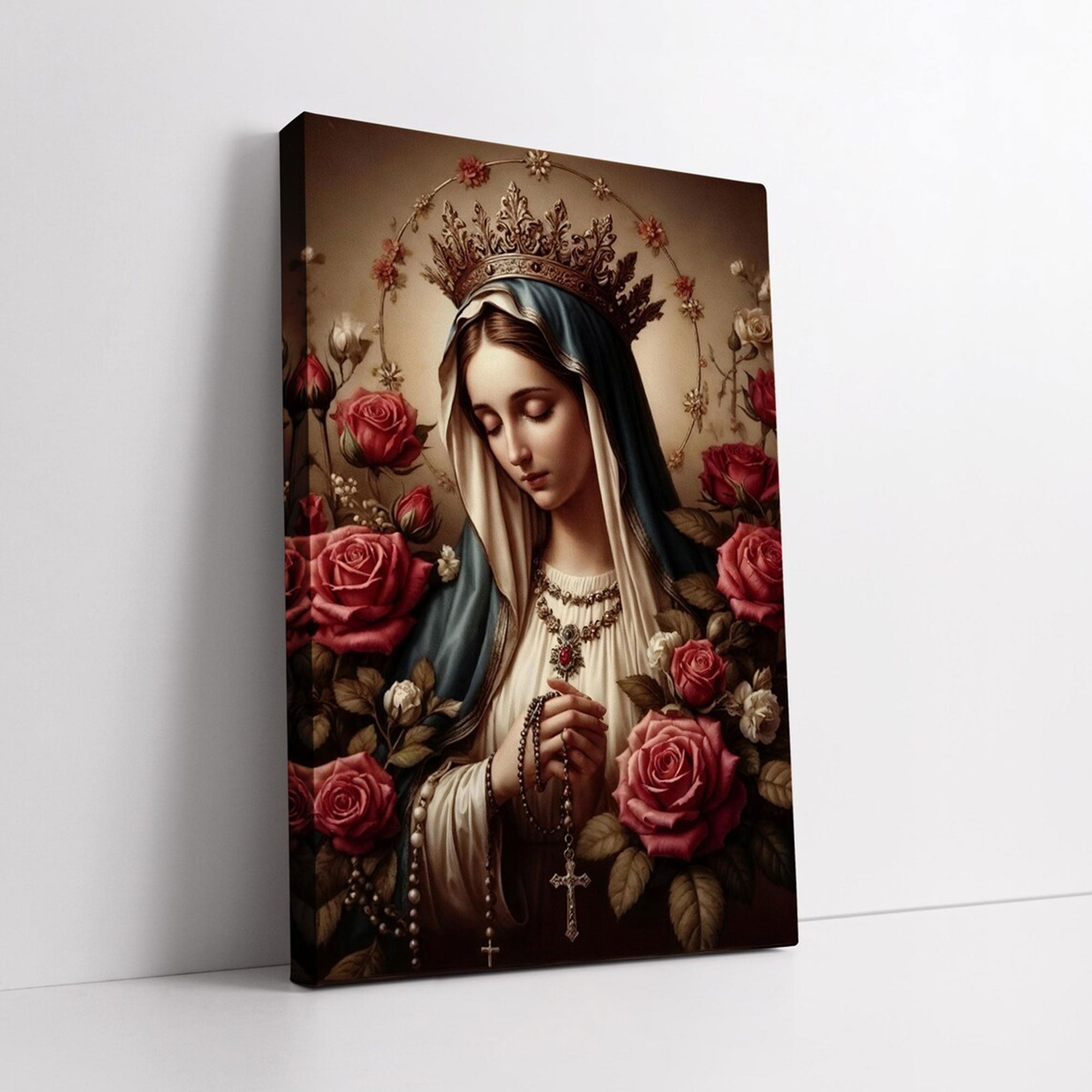 Virgin Mary Floral Canvas Print, Blessed Mother Portrait Wall Art, Catholic Faith Decor, Sacred Christian Gift, Ready to Hang