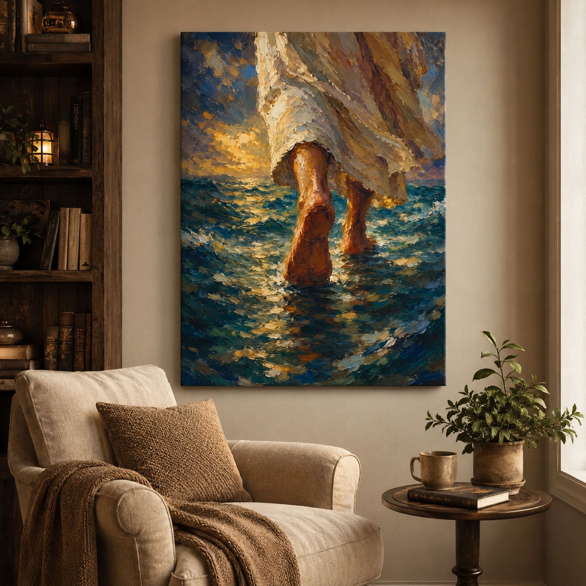 Jesus Walking on Water Canvas Print, Christian Ocean Wall Art, Faith Home Decor