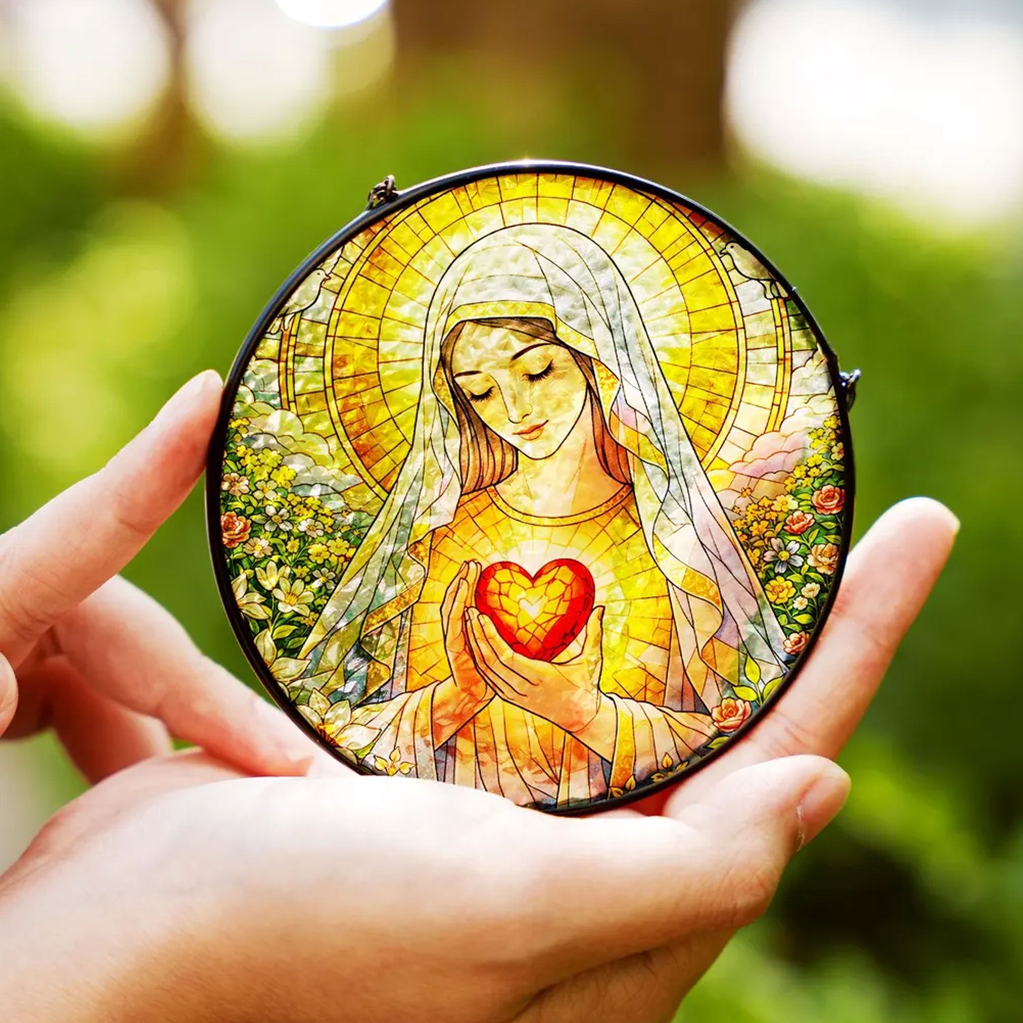 Virgin Mary Stained Glass Suncatcher, Immaculate Heart of Mary Window Hanging, Catholic Religious Decor, Faith Gift