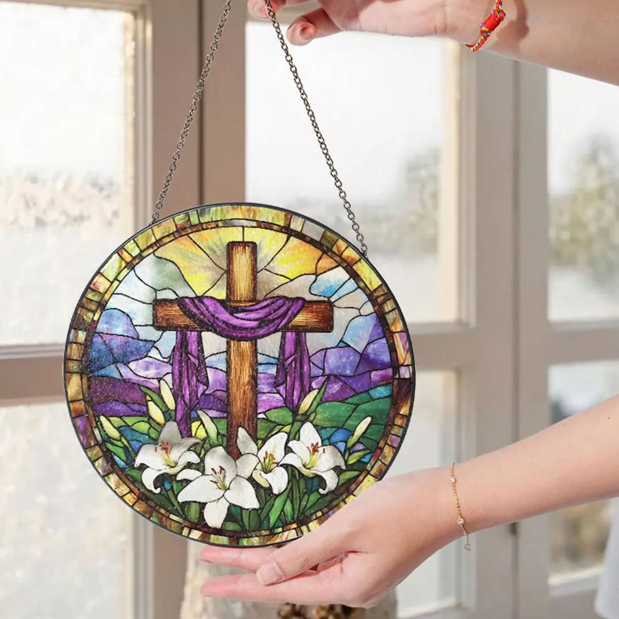 Christian Cross Stained Glass Suncatcher, Religious Window Hanging Decor, Faith Gift, Handmade Home Ornament