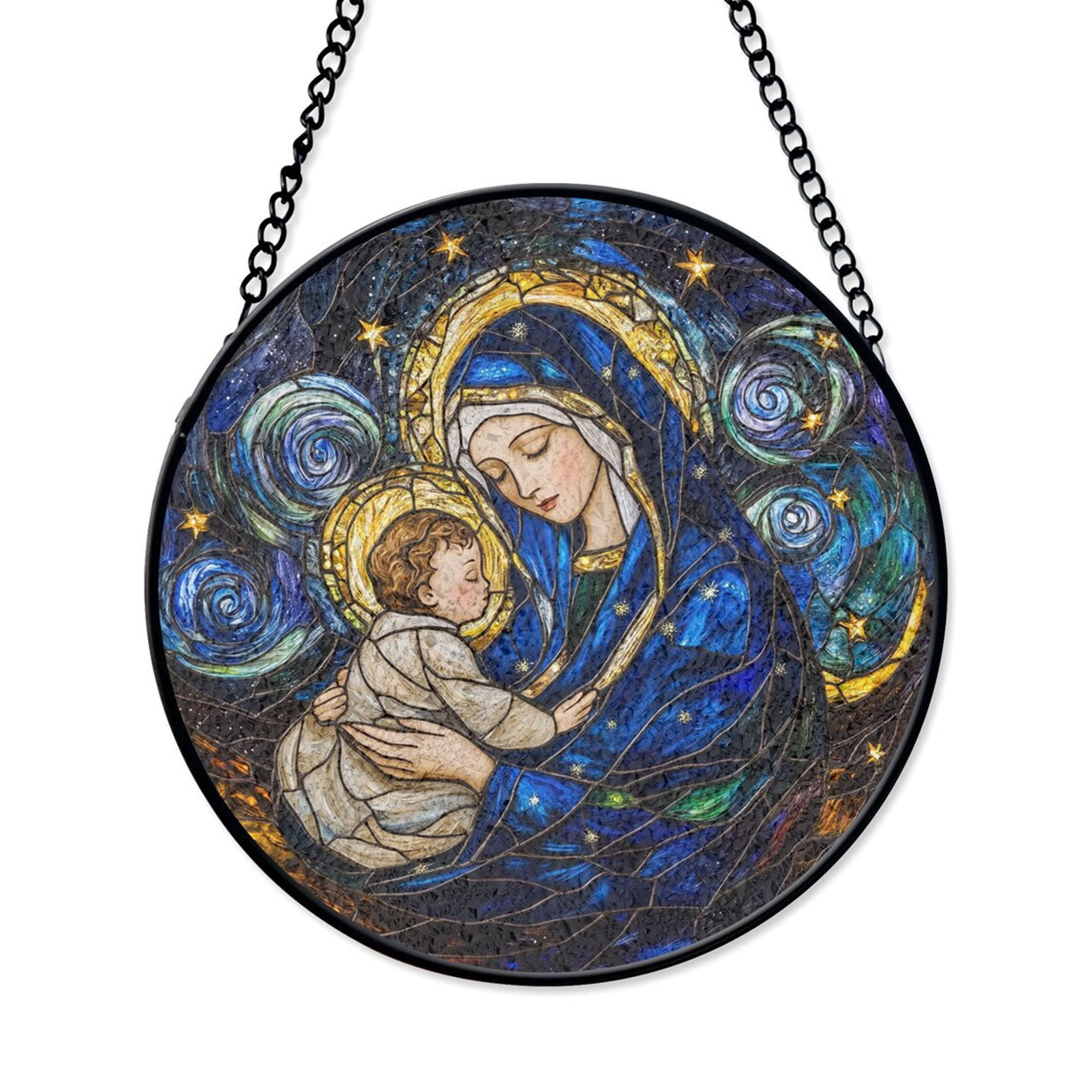 Virgin Mary and Baby Jesus Suncatcher, Starry Night Catholic Window Hanging, Christian Gift for Mom