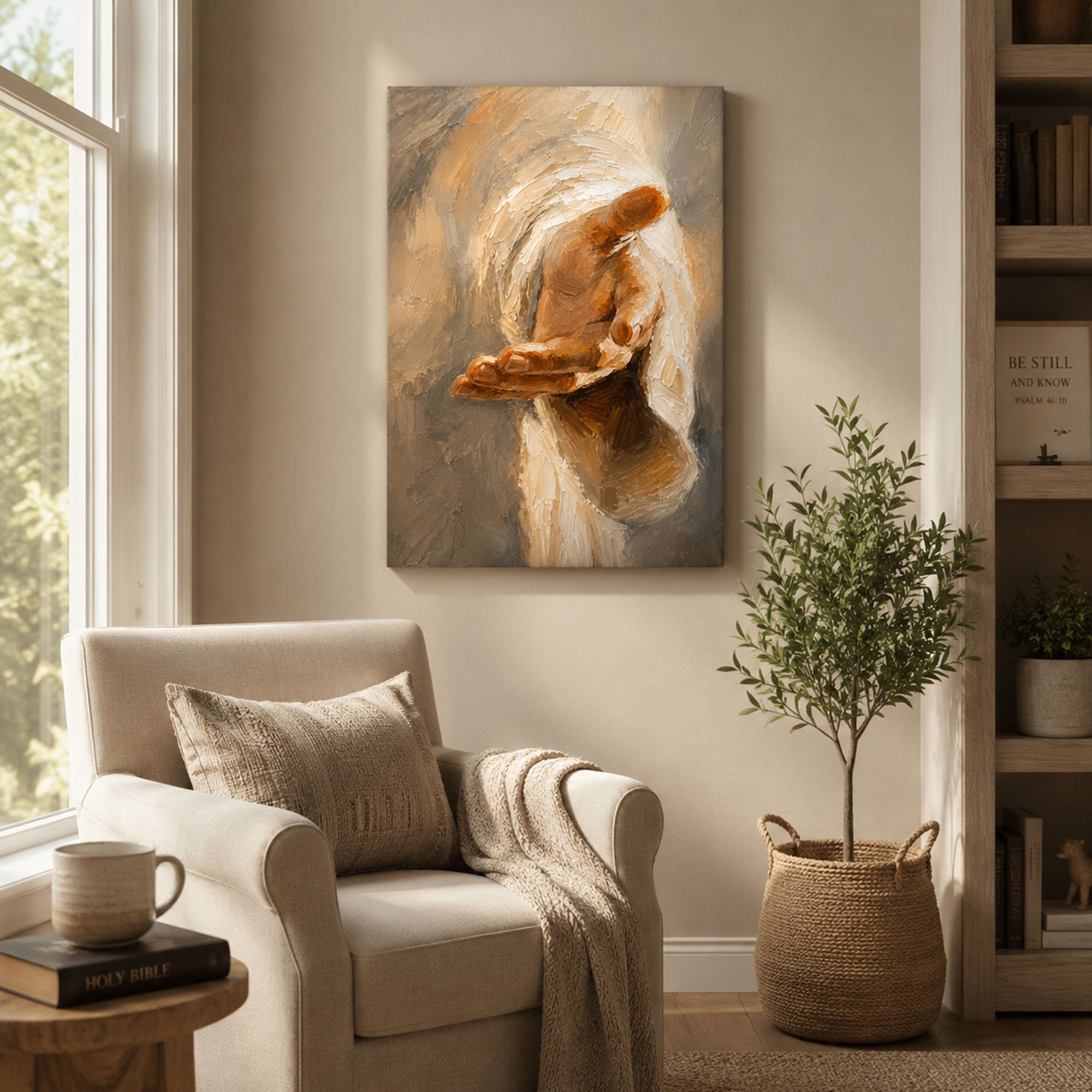 Jesus Reaching Hand Canvas Print, Soft Brush Christian Wall Decor for Home