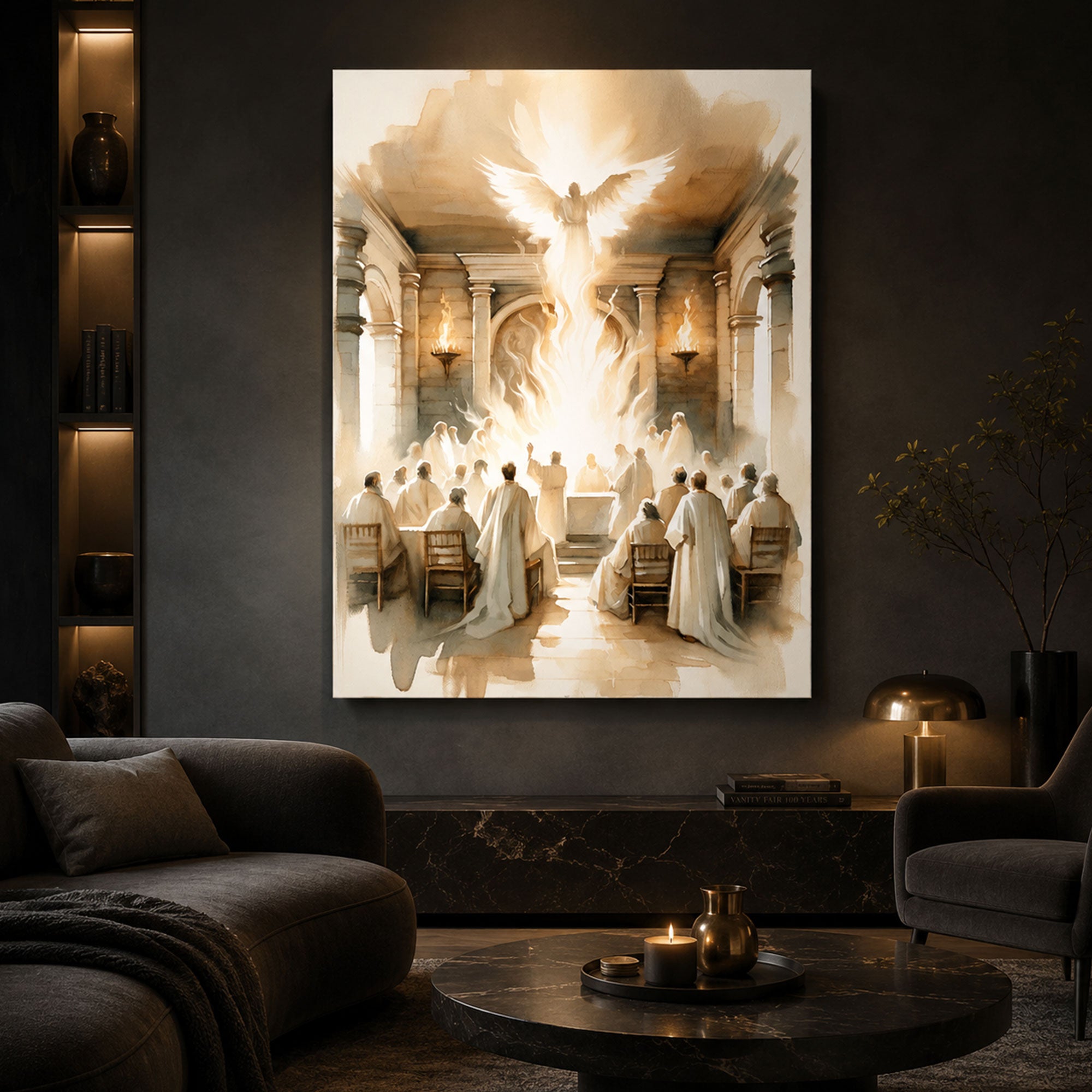 Pentecost Holy Spirit Canvas Print, Dove of Fire Christian Wall Art, Sacred Church Gathering Faith Decor