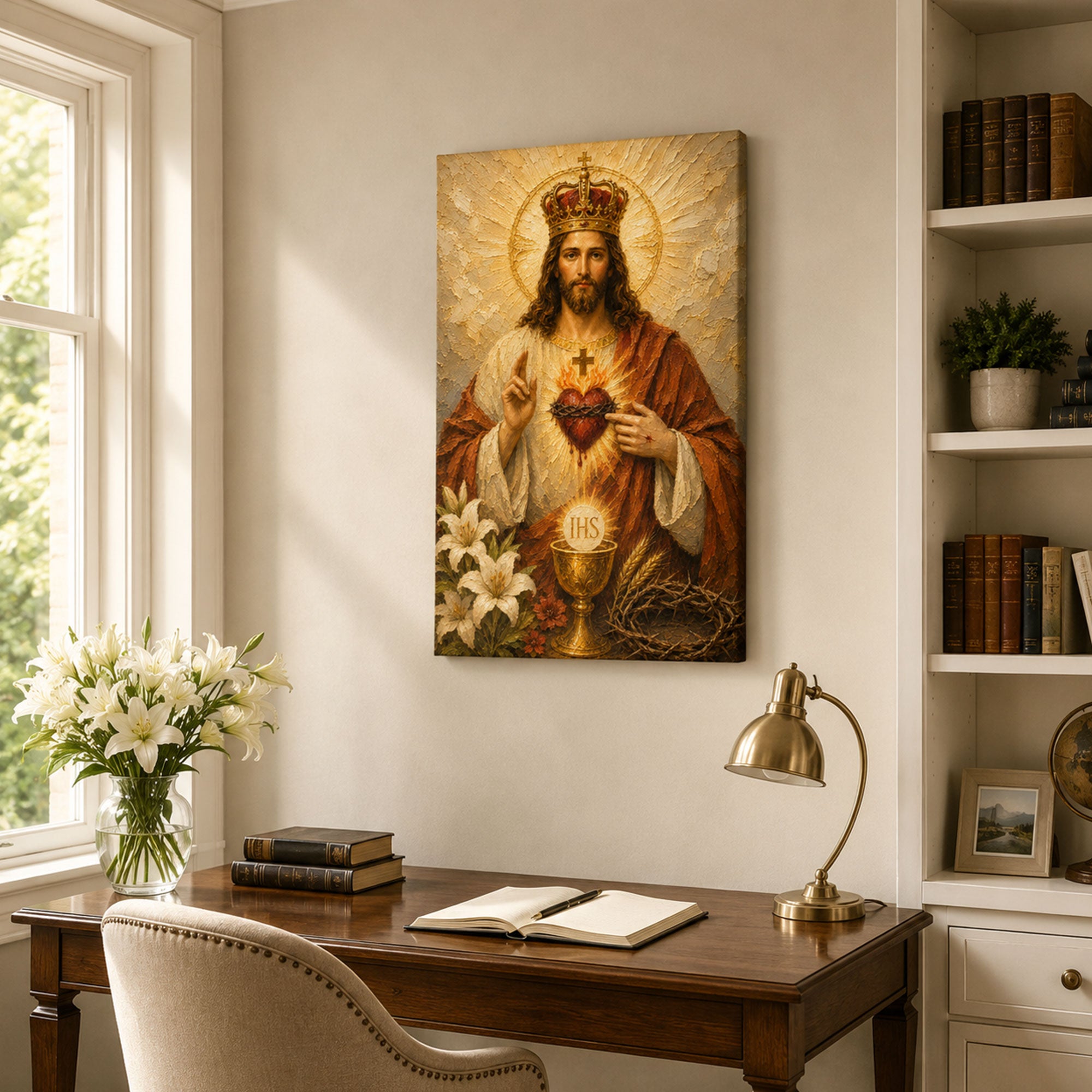 Christ the King Sacred Heart Canvas Print, Catholic Eucharist Wall Art, White and Gold Faith Home Decor Gift