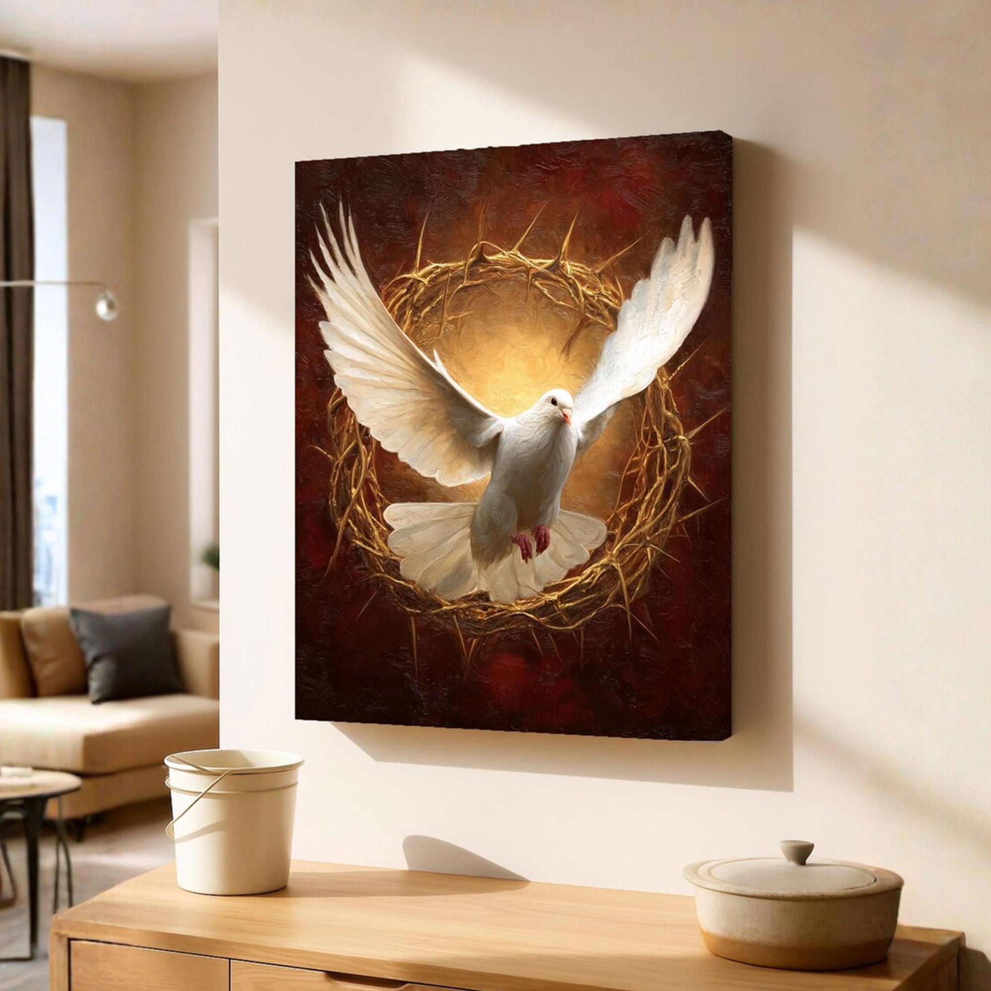 White Dove Canvas Wall Art, Symbol of Peace and Spiritual Faith, Elegant Christian Home Decor for Living Room, Prayer Room or Bedroom
