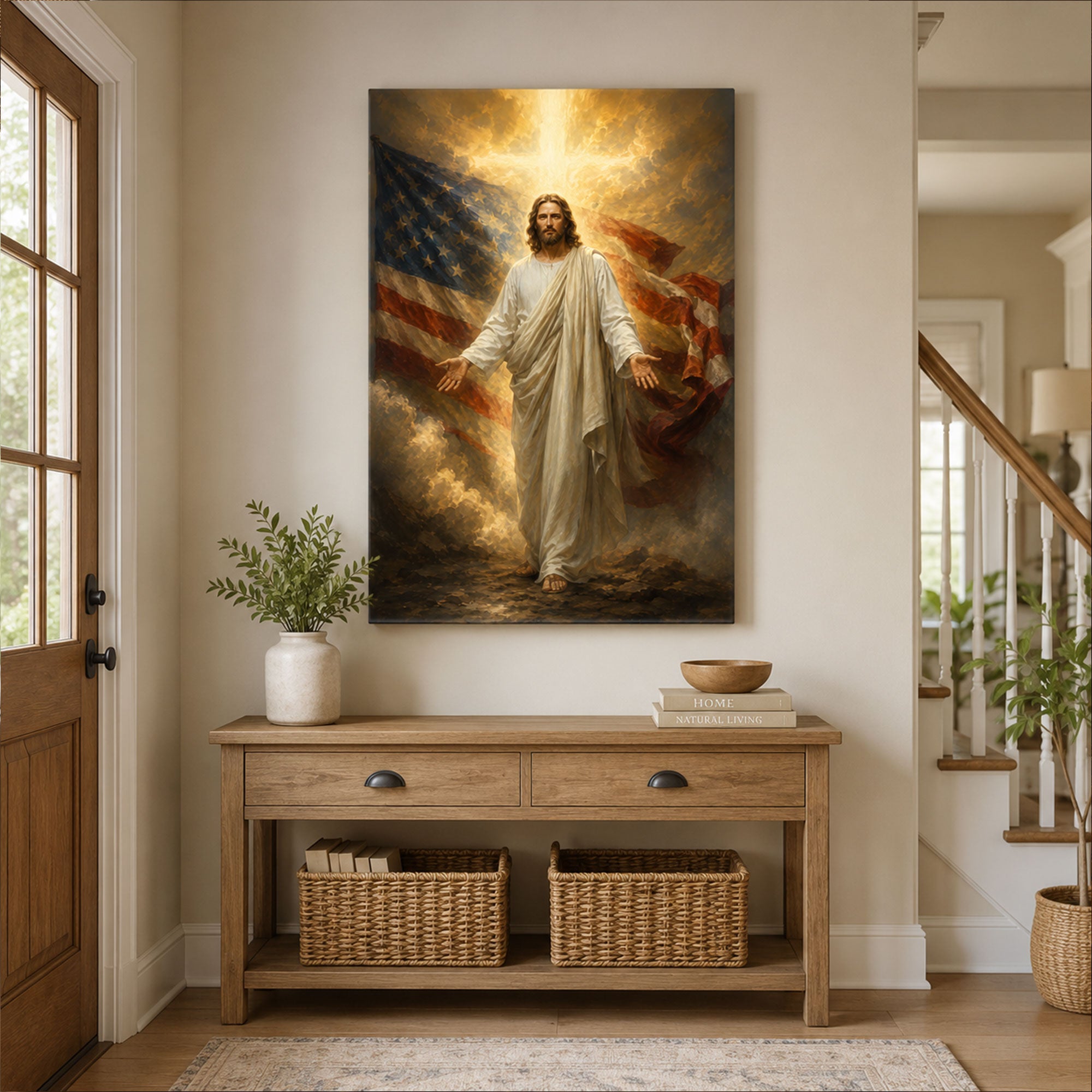Jesus with American Flag Canvas Print, One Nation Under God Christian Wall Art, Faith Home Decor Gift