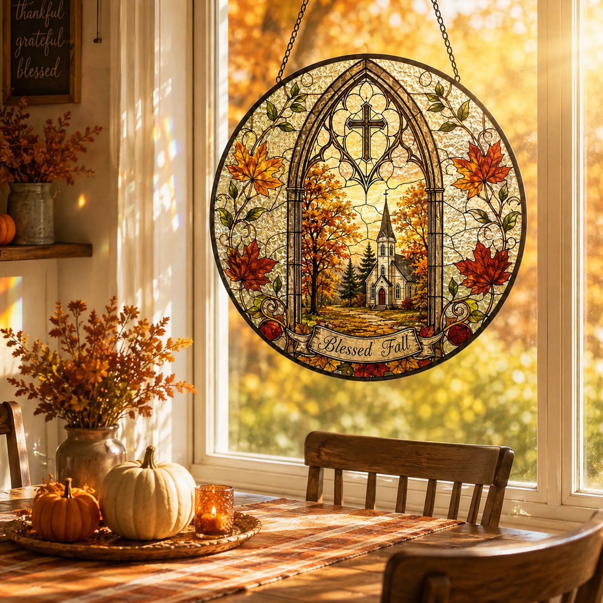 Blessed Fall Church Suncatcher, Autumn Leaves Christian Window Decor, Faith Gift for Home