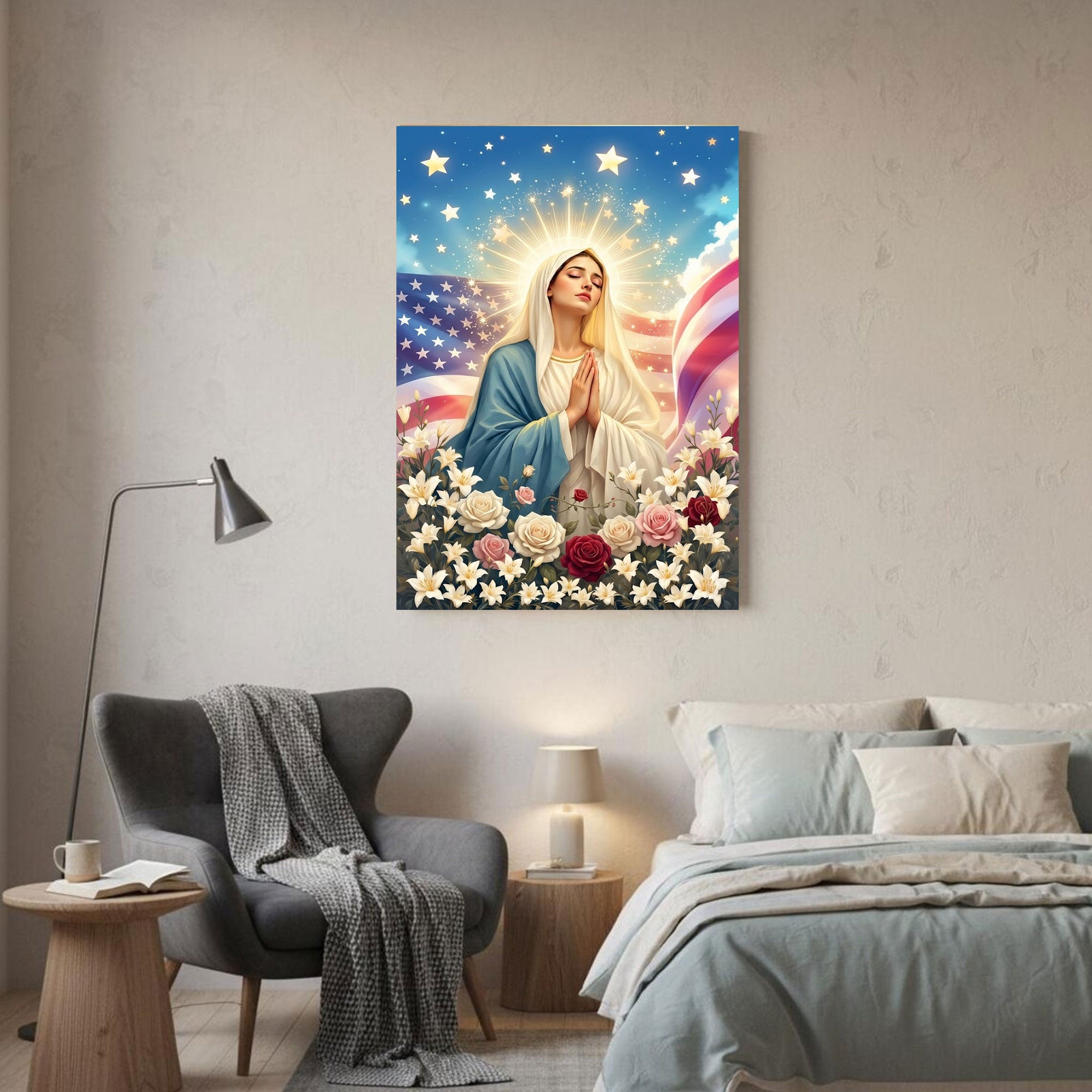 Virgin Mary Prayer Canvas Print, Blessed Mother Wall Art, Faith and Protection Artwork, Patriotic Christian Decor, Inspirational Spiritual Gift