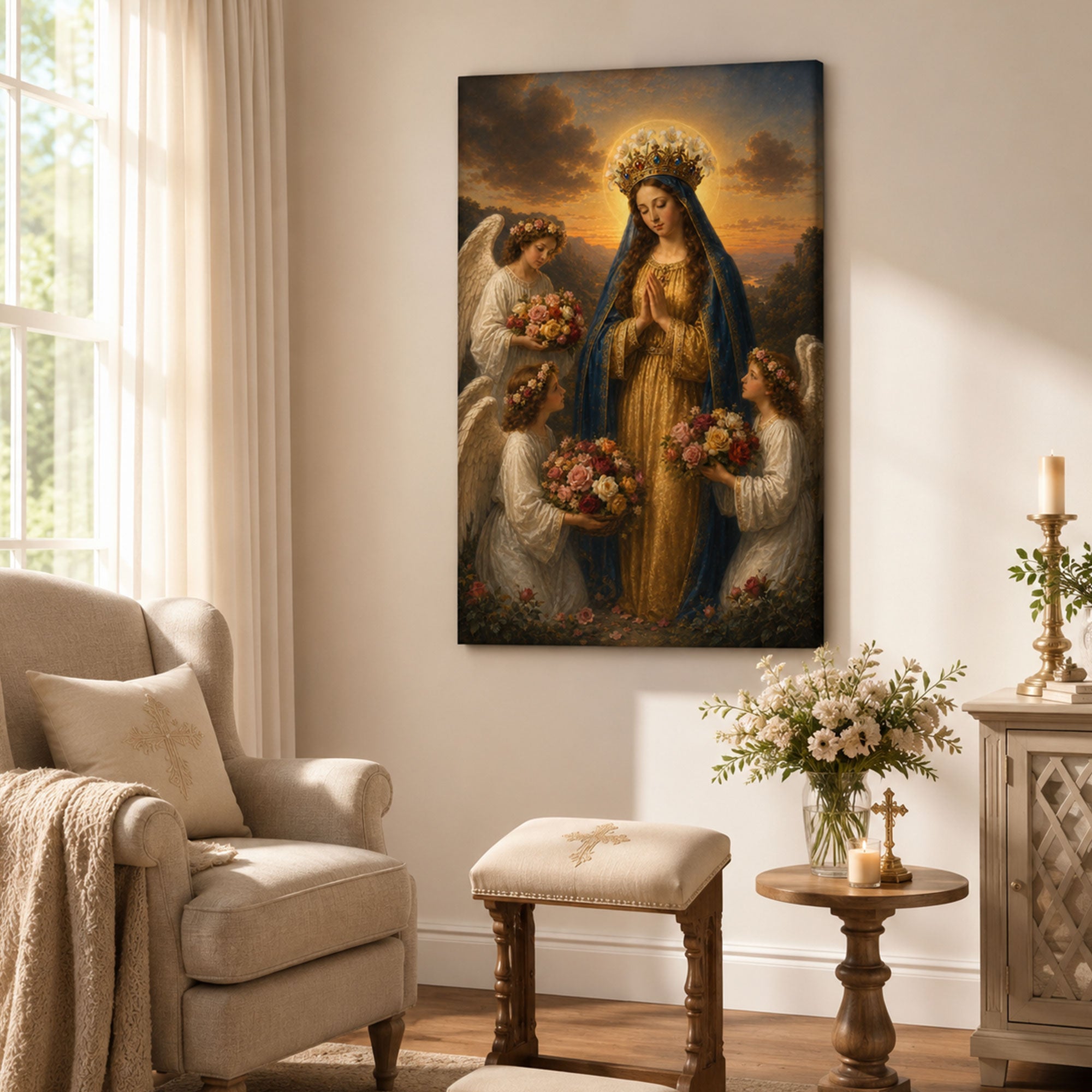 Crowned Virgin Mary with Angels and Flowers Canvas Print, Catholic Home Decor