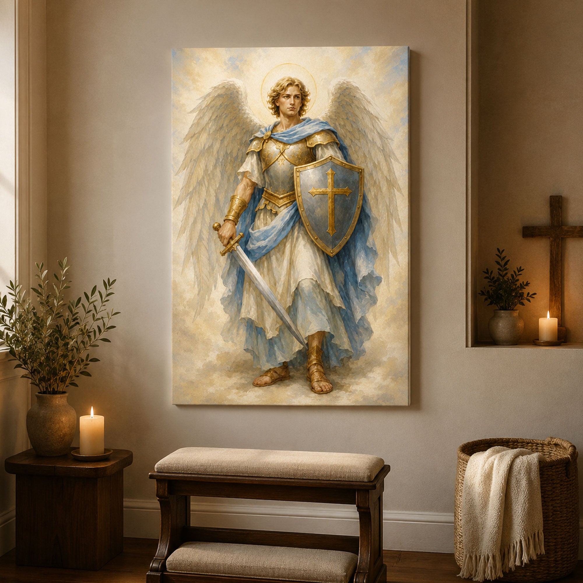 Saint Michael Archangel Canvas Print, Sword and Shield Catholic Wall Art, Guardian Faith Home Decor