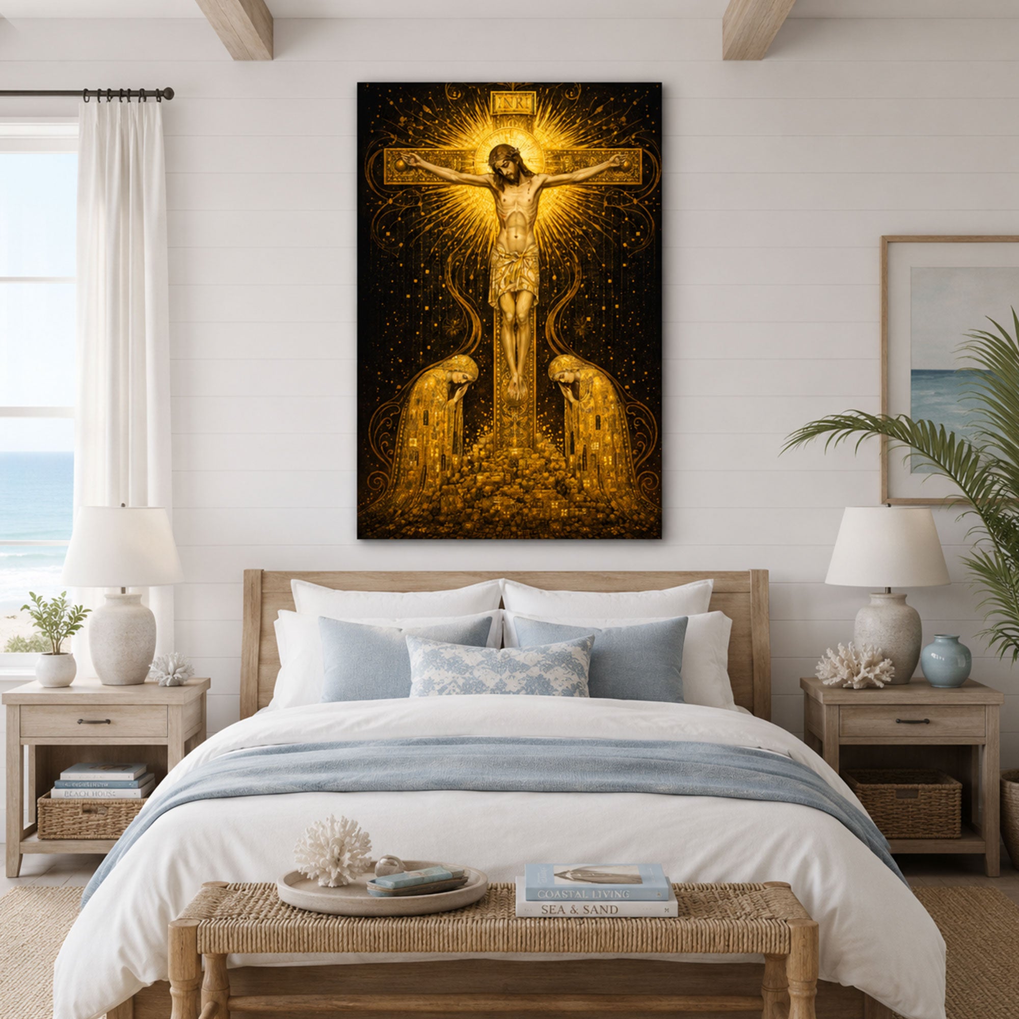 Gustav Klimt Golden Jesus Crucifixion Canvas Print, Religious Christian Wall Art, Sacred Faith Home Decor
